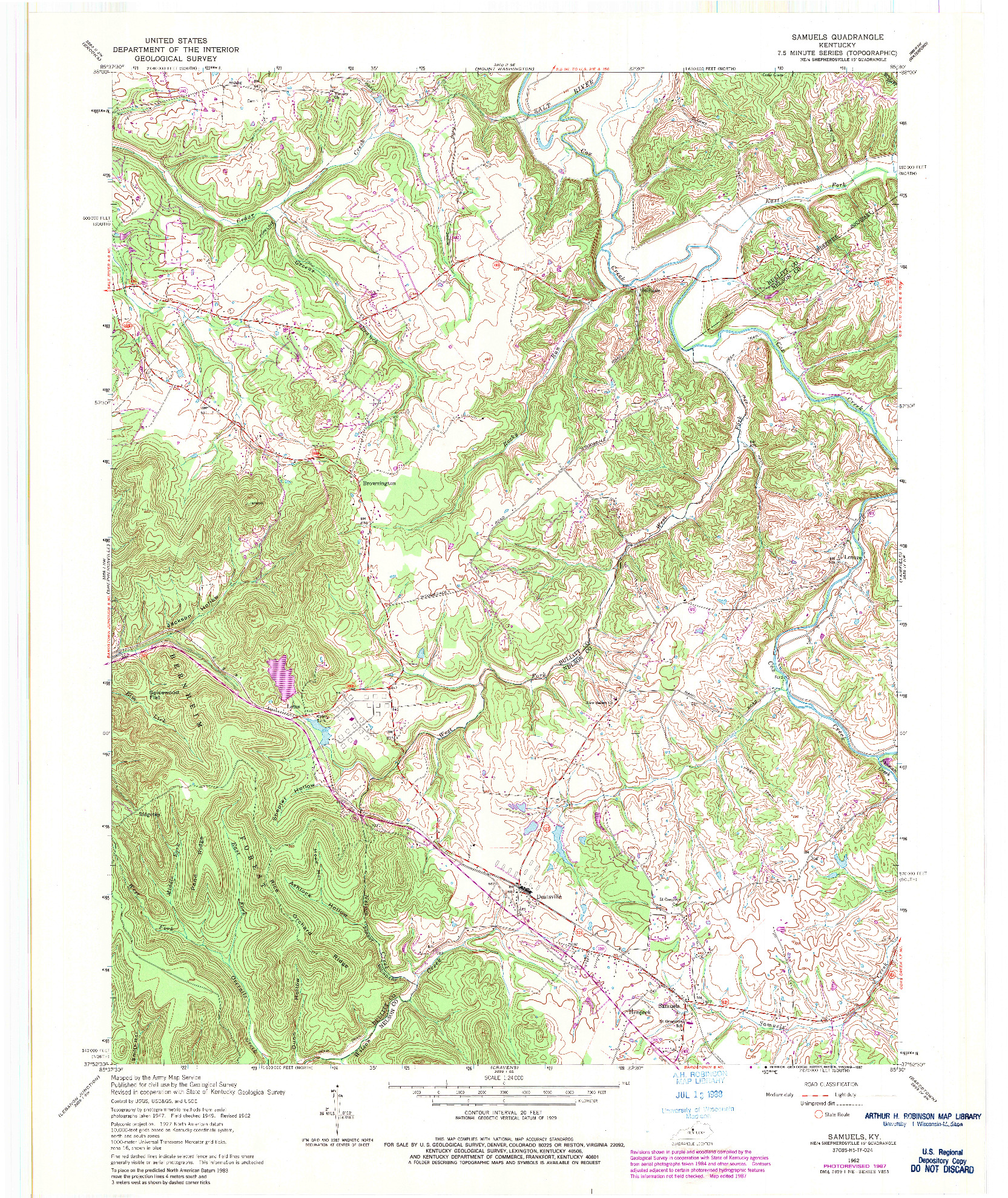 USGS 1:24000-SCALE QUADRANGLE FOR SAMUELS, KY 1962