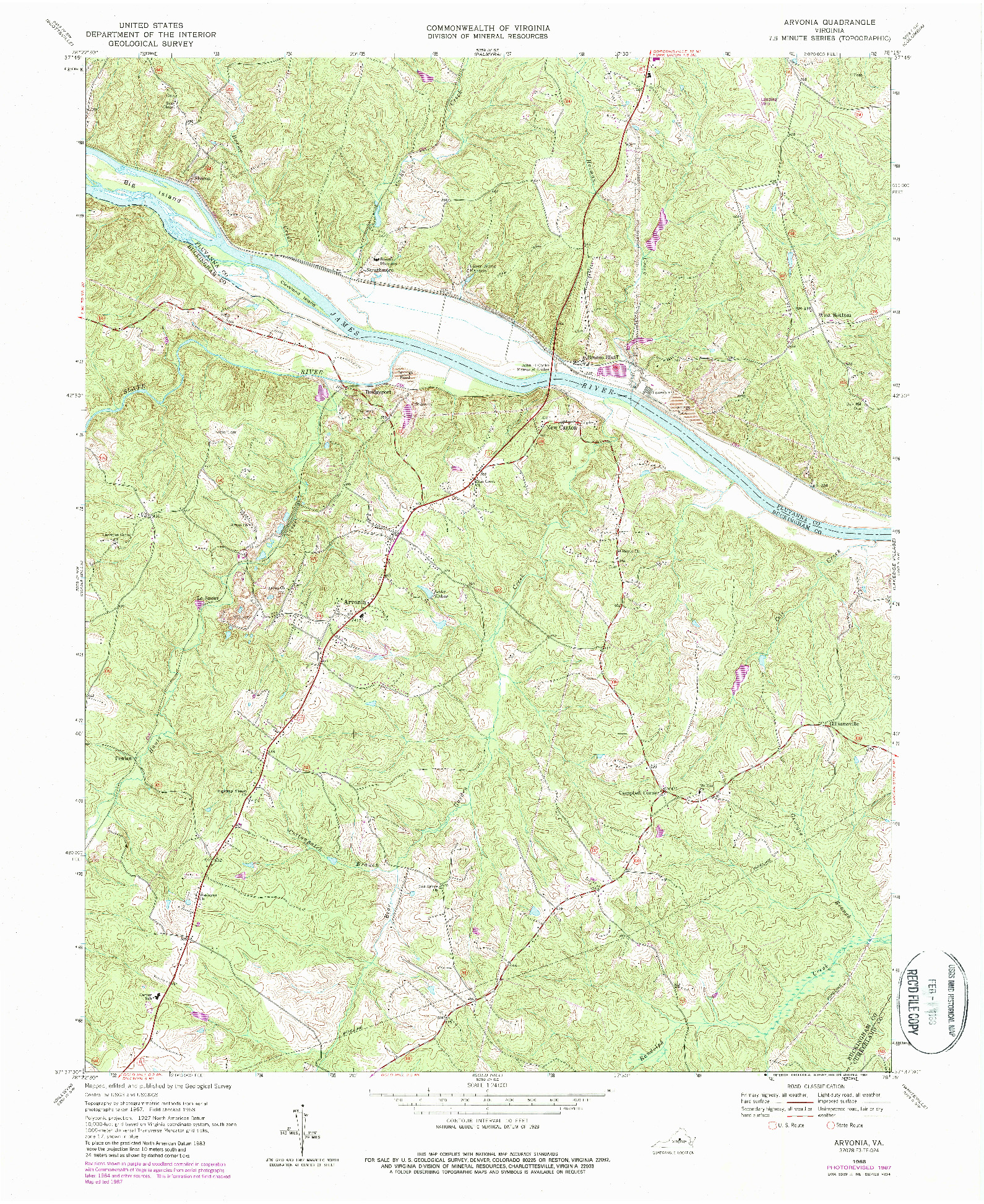 USGS 1:24000-SCALE QUADRANGLE FOR ARVONIA, VA 1968