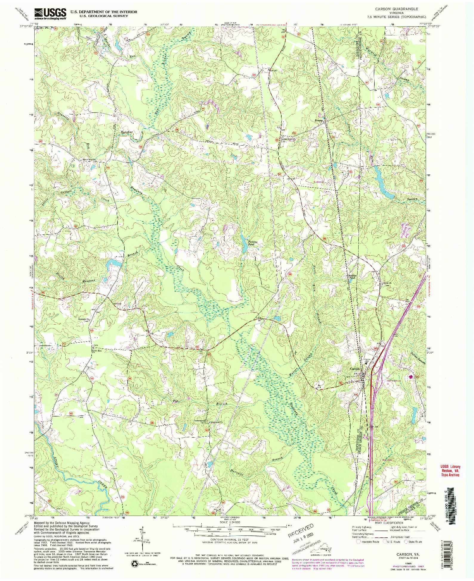 USGS 1:24000-SCALE QUADRANGLE FOR CARSON, VA 1969