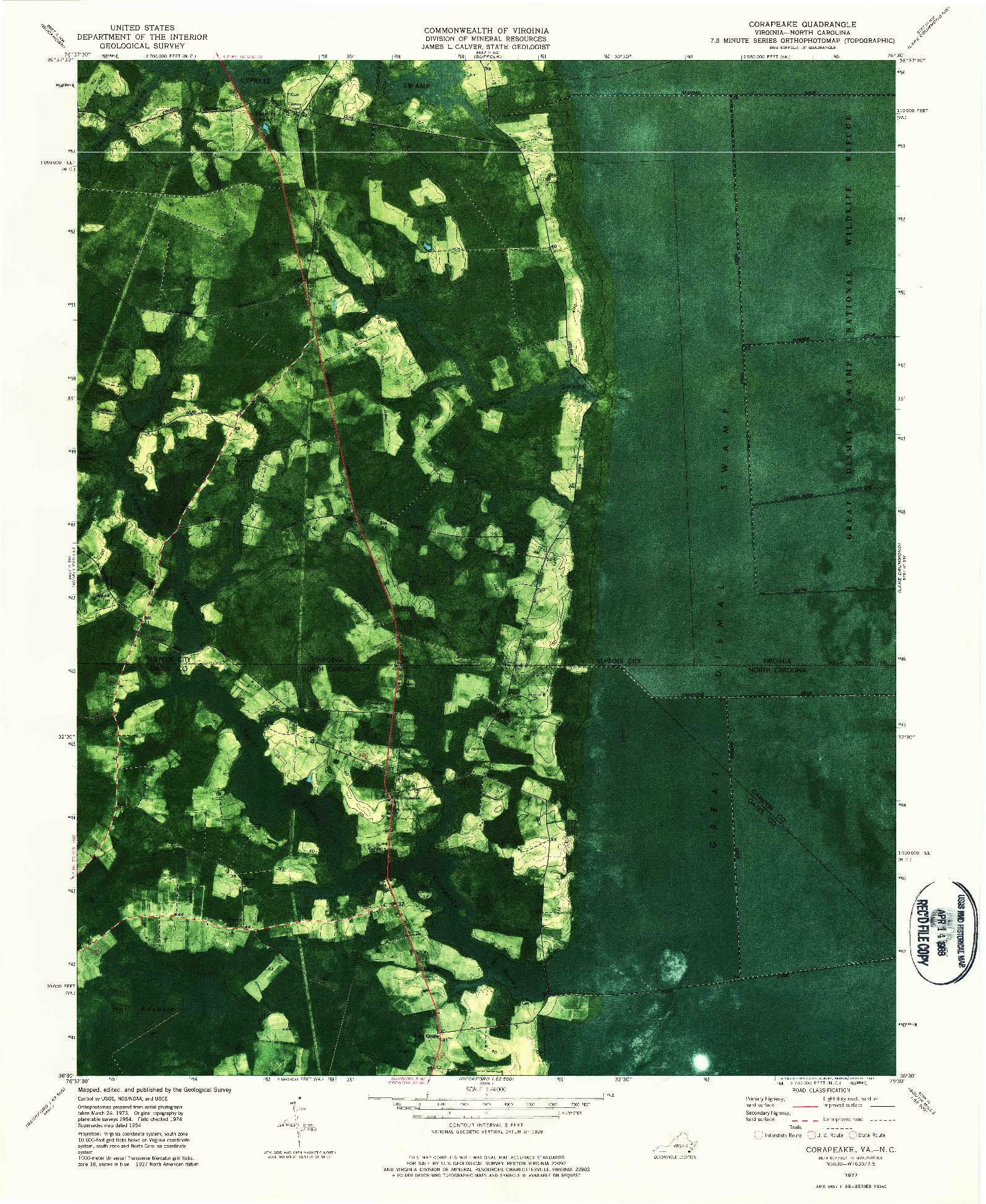 USGS 1:24000-SCALE QUADRANGLE FOR CORAPEAKE, VA 1977