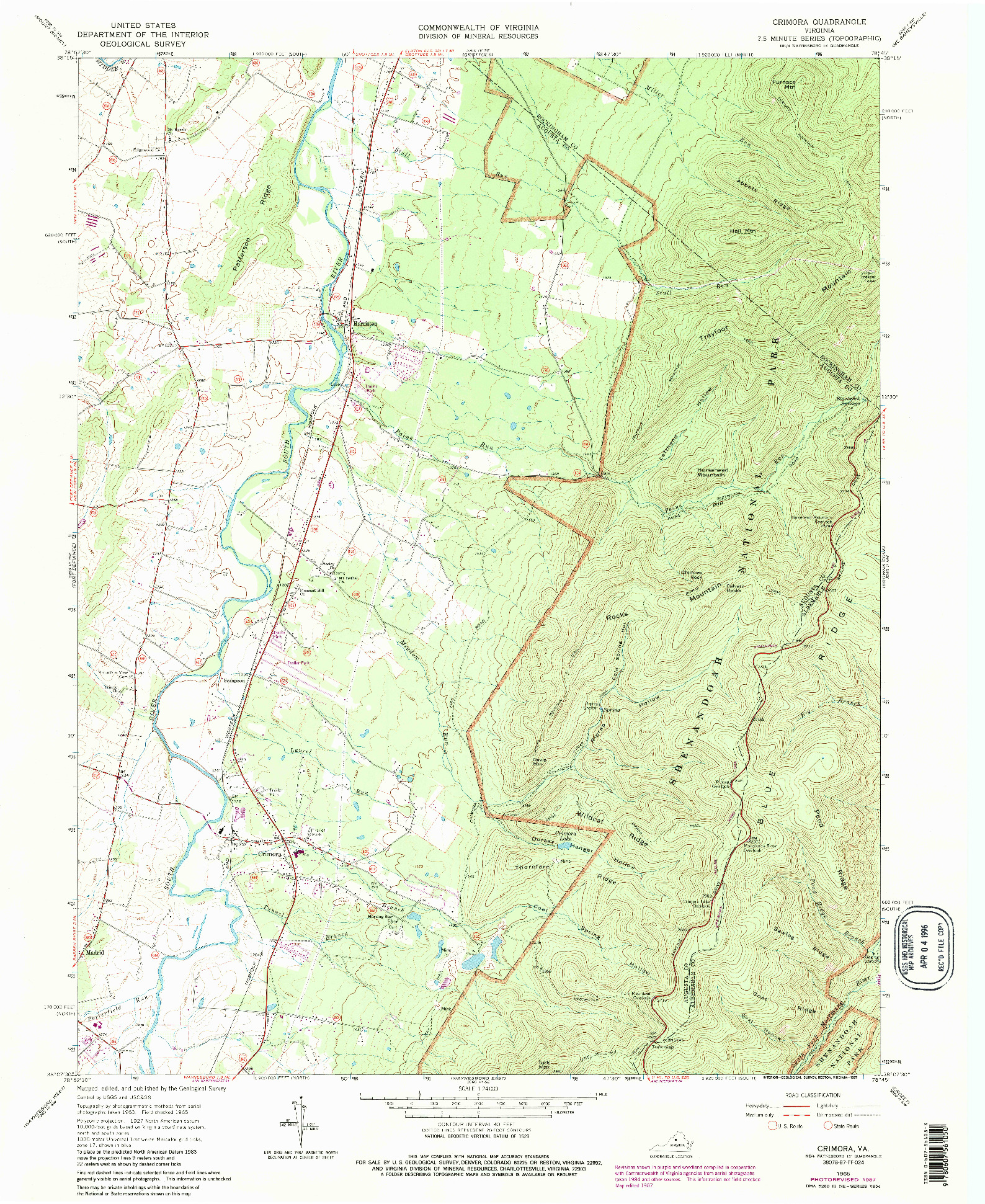 USGS 1:24000-SCALE QUADRANGLE FOR CRIMORA, VA 1965