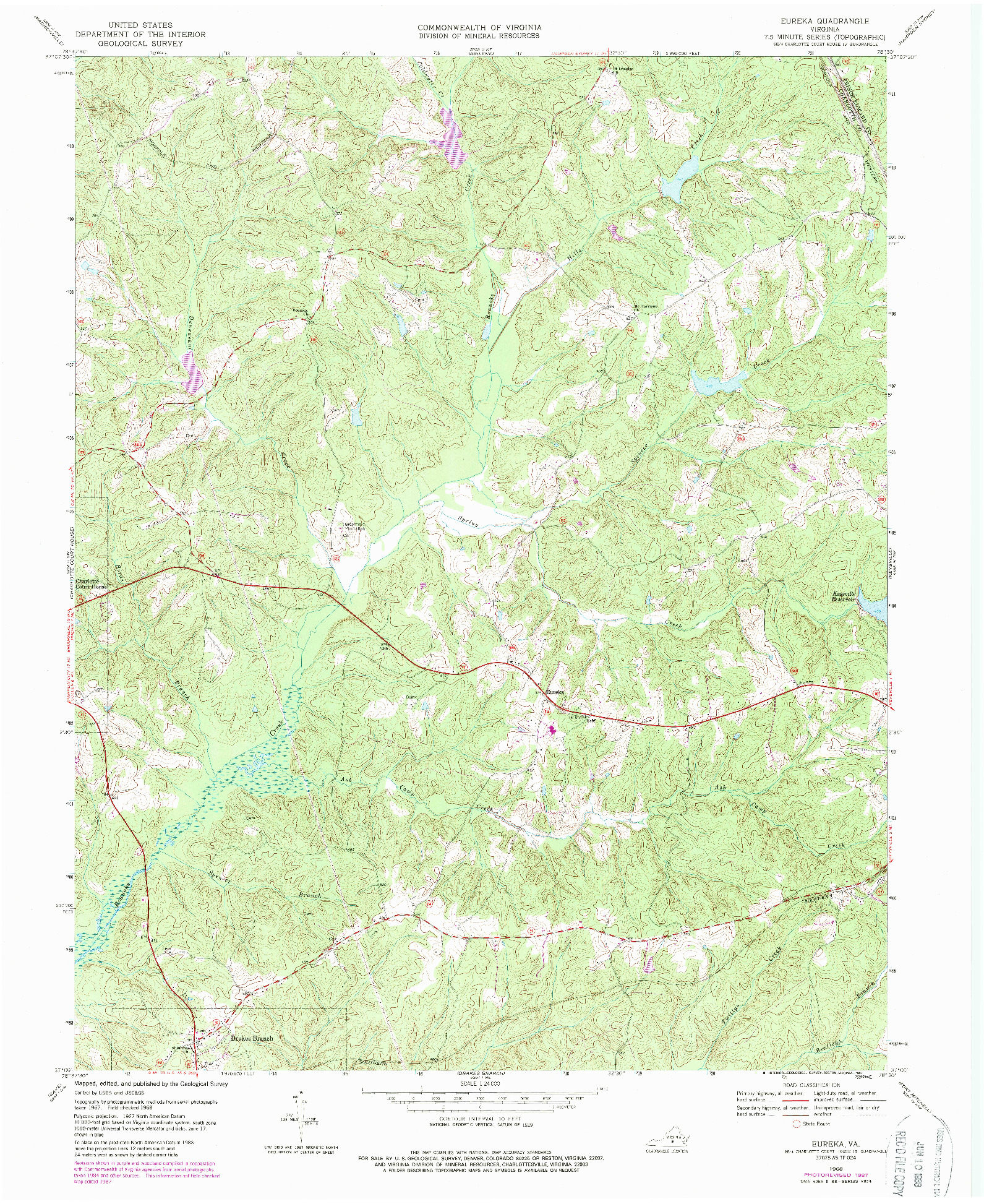 USGS 1:24000-SCALE QUADRANGLE FOR EUREKA, VA 1968