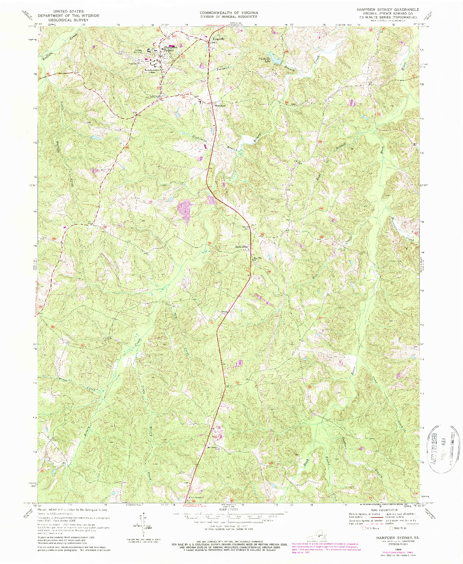 USGS 1:24000-SCALE QUADRANGLE FOR HAMPDEN SYDNEY, VA 1968