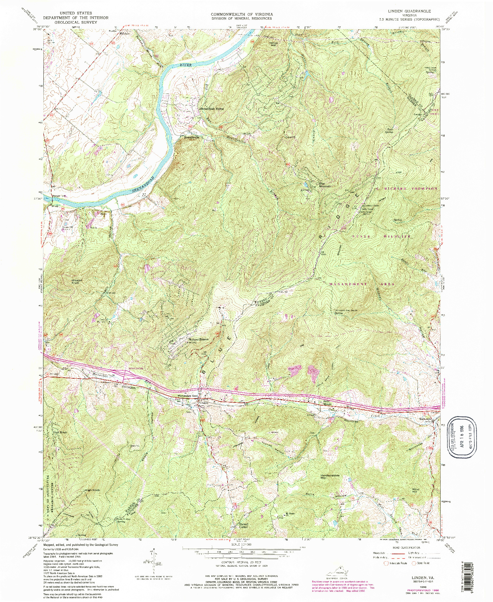 USGS 1:24000-SCALE QUADRANGLE FOR LINDEN, VA 1986