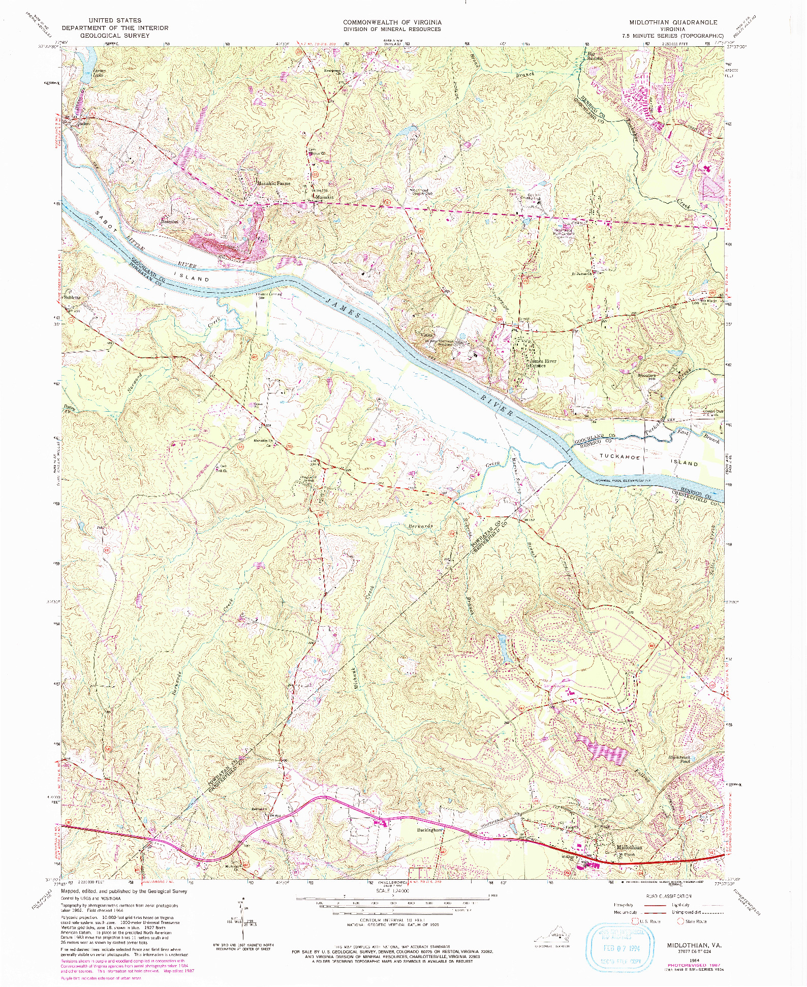 USGS 1:24000-SCALE QUADRANGLE FOR MIDLOTHIAN, VA 1964