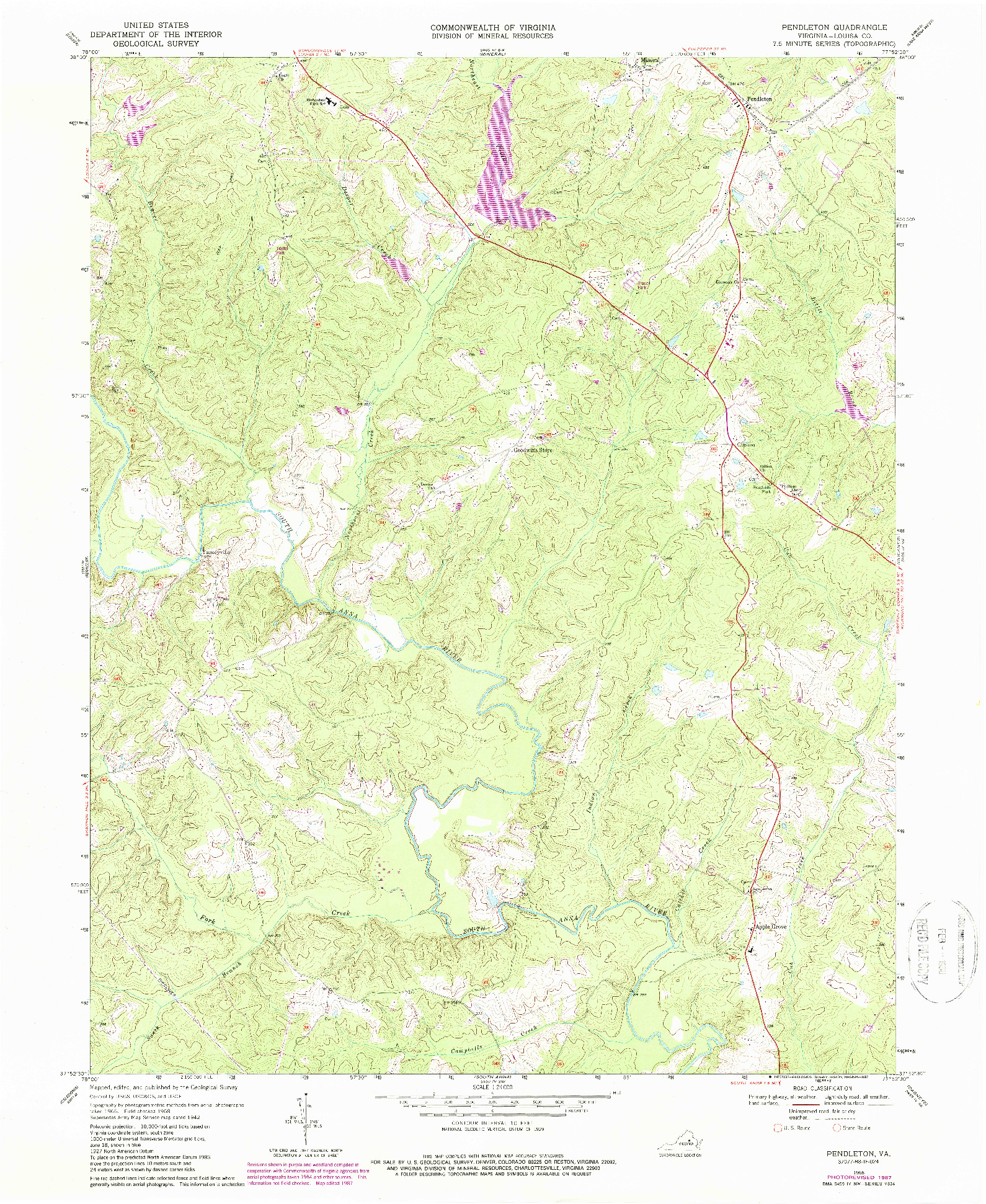 USGS 1:24000-SCALE QUADRANGLE FOR PENDLETON, VA 1968