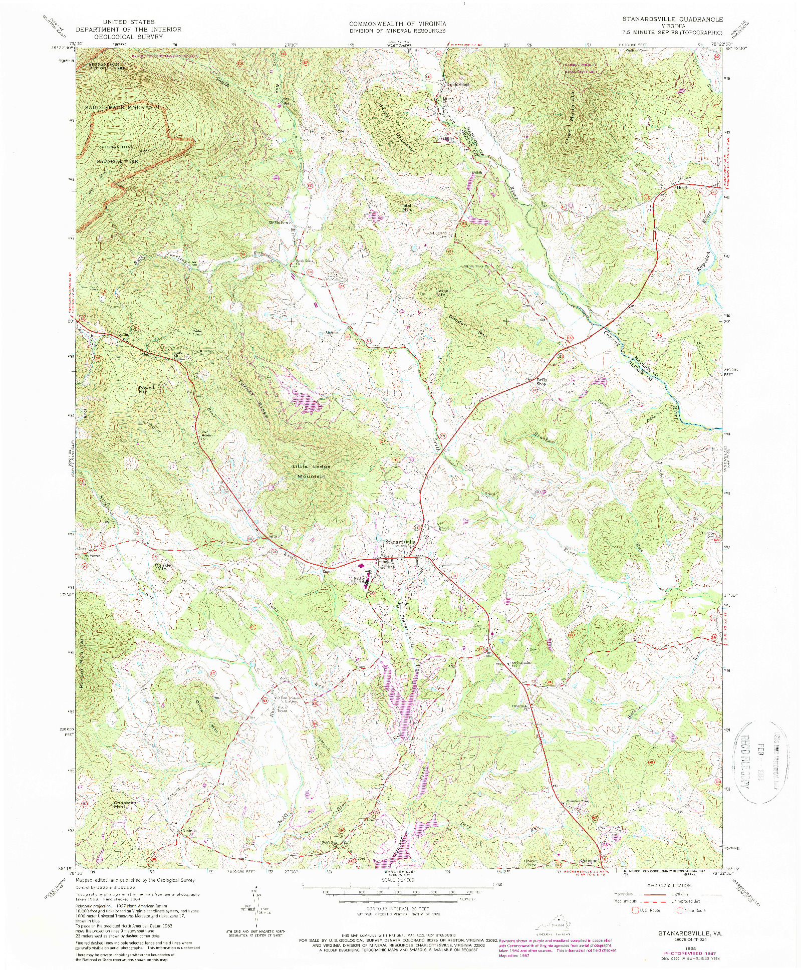 USGS 1:24000-SCALE QUADRANGLE FOR STANARDSVILLE, VA 1964