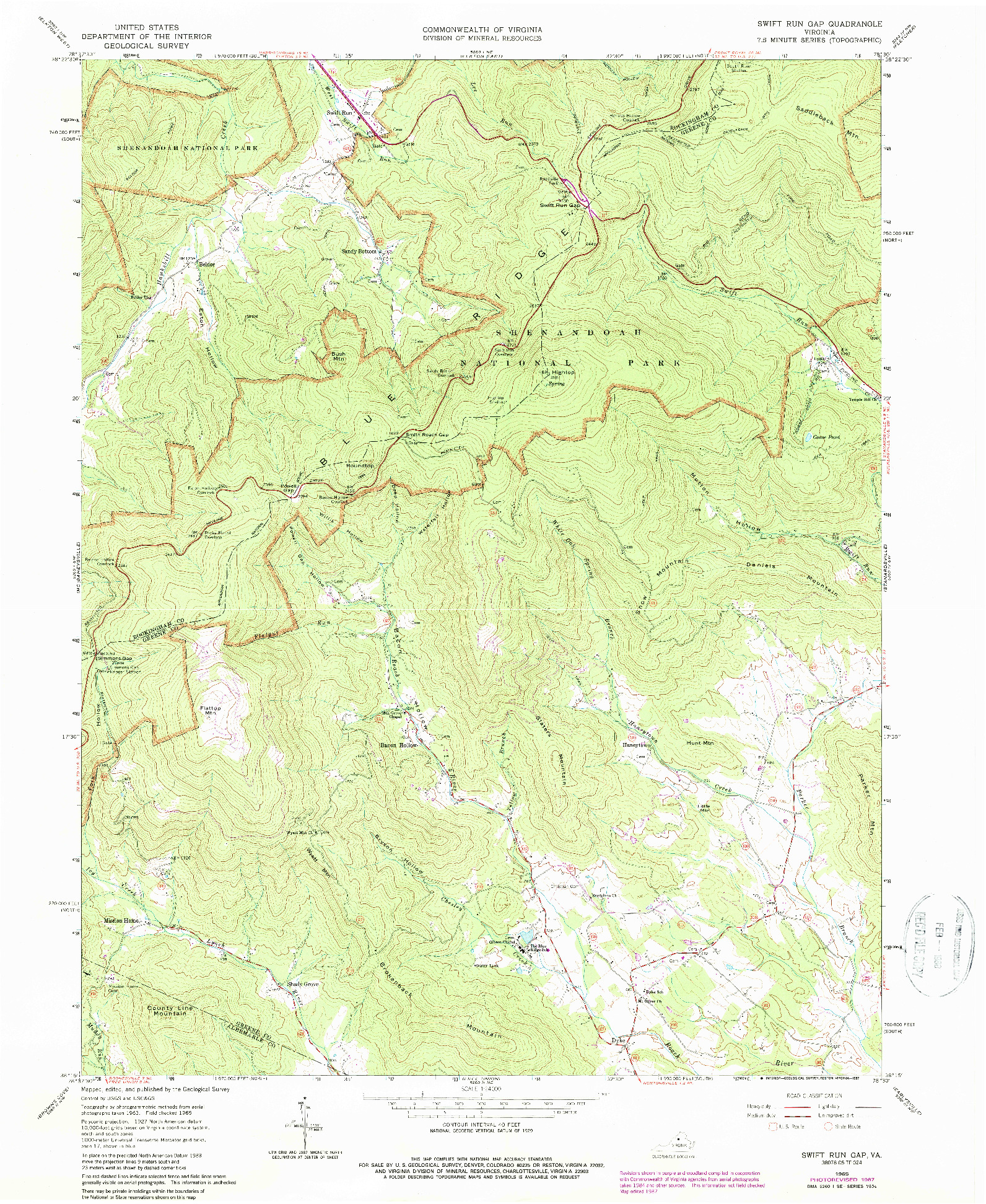 USGS 1:24000-SCALE QUADRANGLE FOR SWIFT RUN GAP, VA 1965