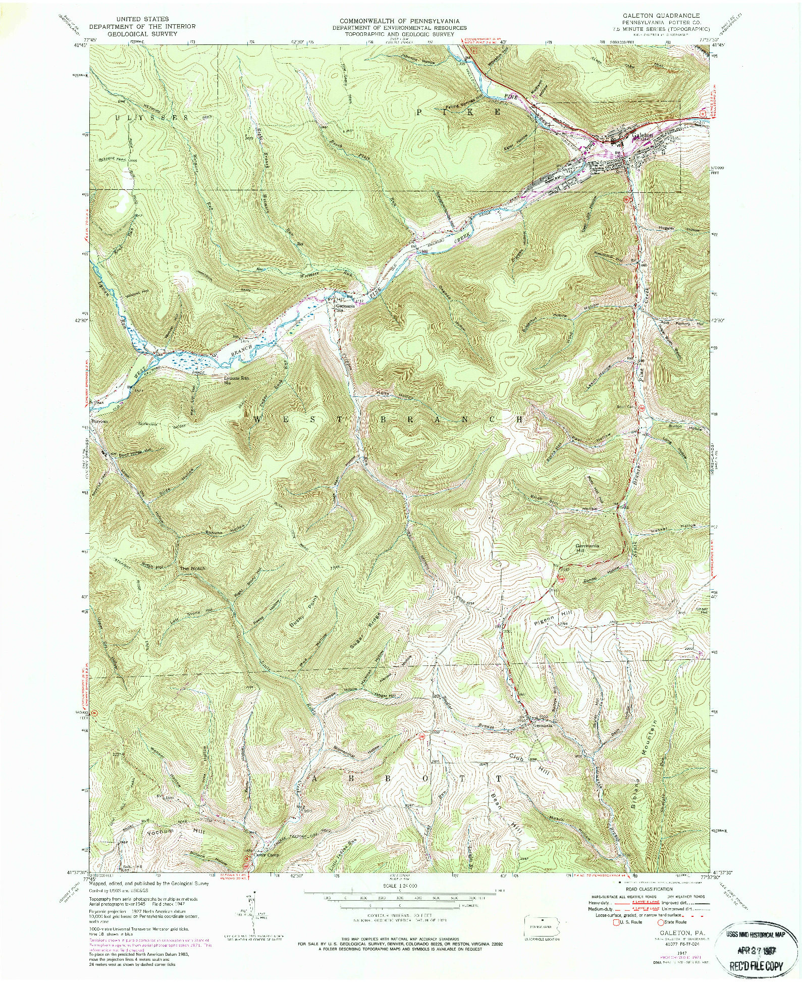 USGS 1:24000-SCALE QUADRANGLE FOR GALETON, PA 1947