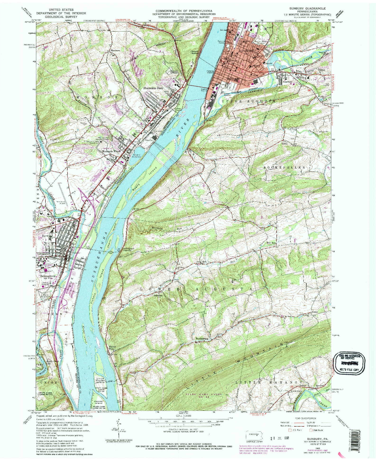 USGS 1:24000-SCALE QUADRANGLE FOR SUNBURY, PA 1965