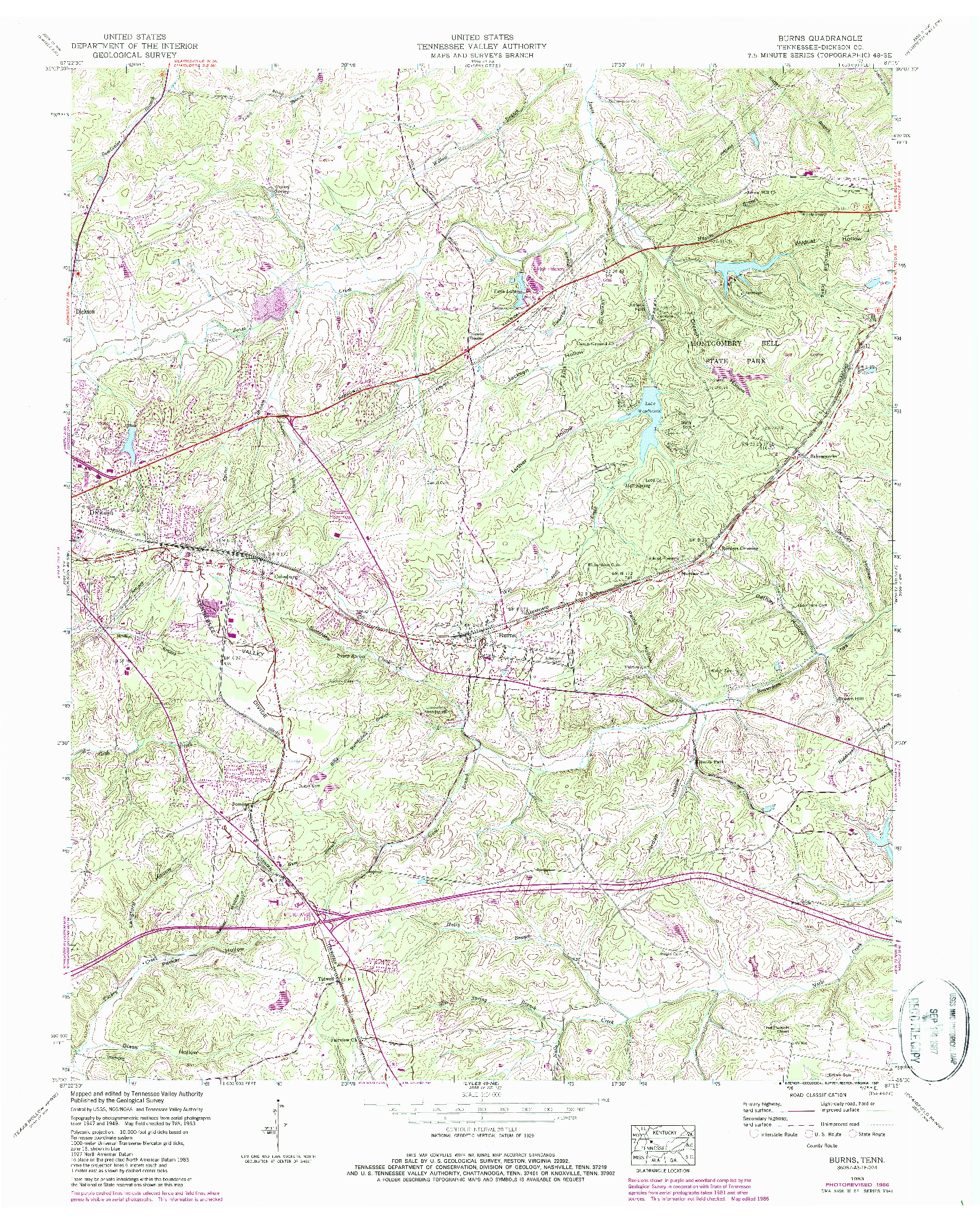 USGS 1:24000-SCALE QUADRANGLE FOR BURNS, TN 1953