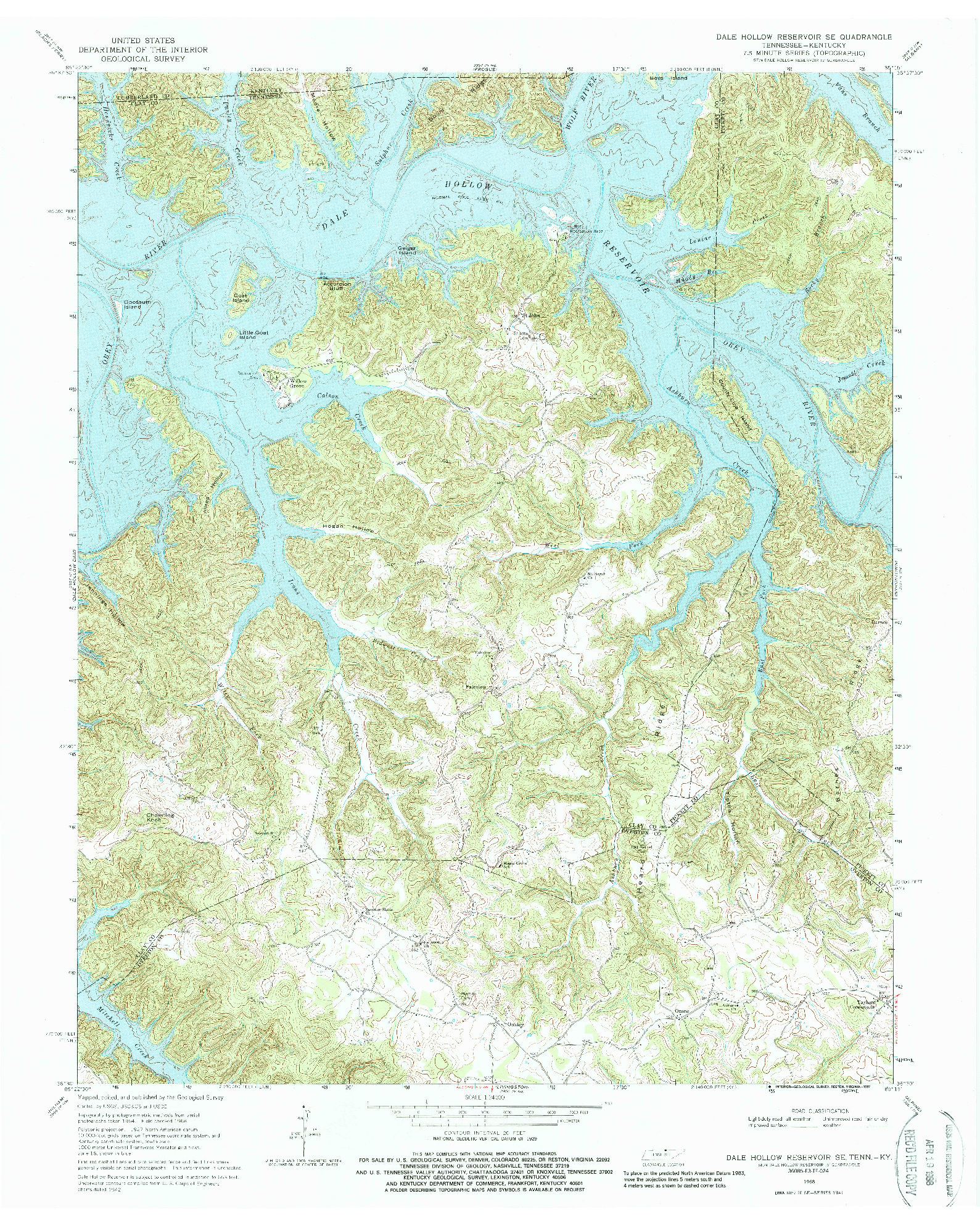 USGS 1:24000-SCALE QUADRANGLE FOR DALE HOLLOW RESERVOIR SE, TN 1968
