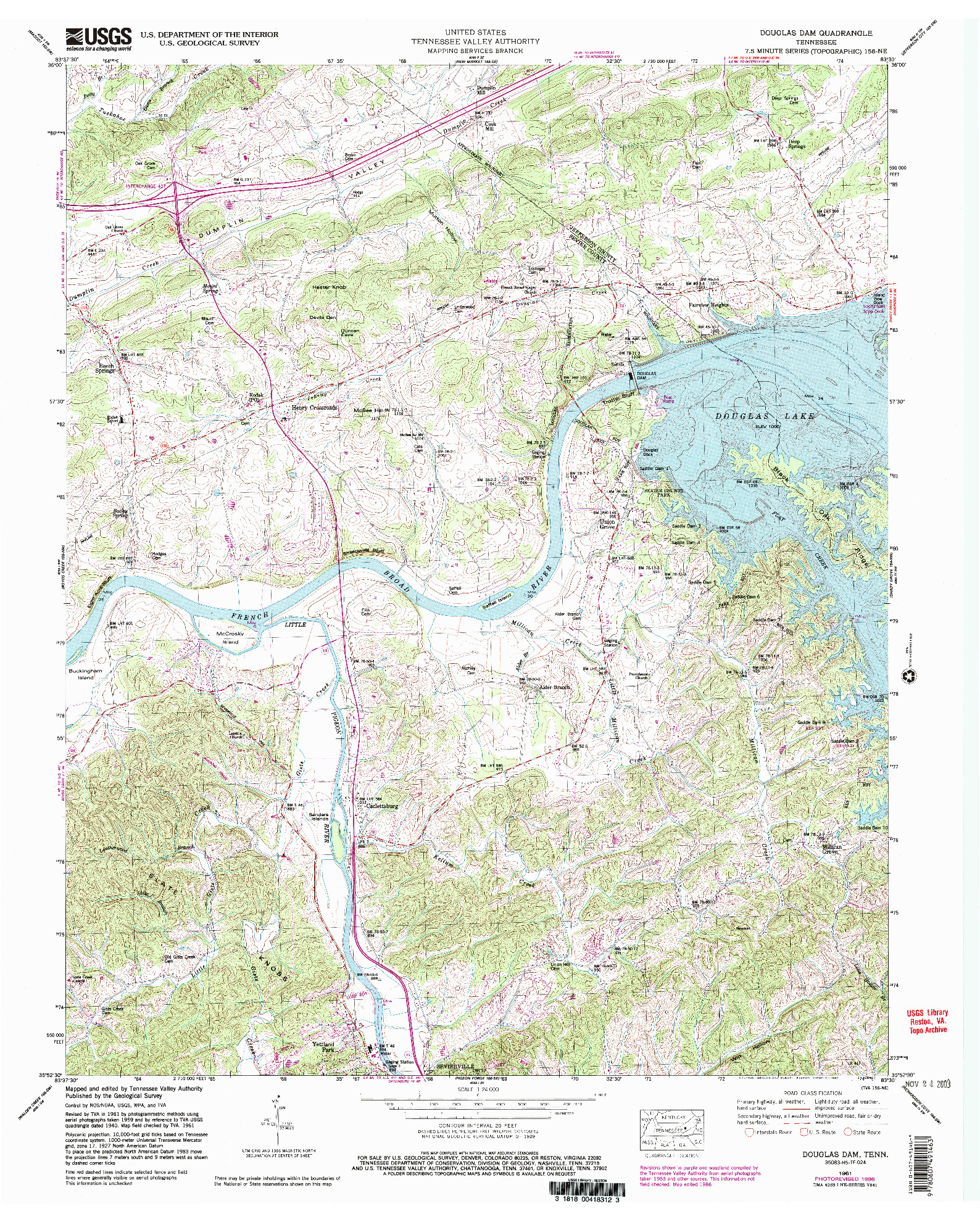 USGS 1:24000-SCALE QUADRANGLE FOR DOUGLAS DAM, TN 1961
