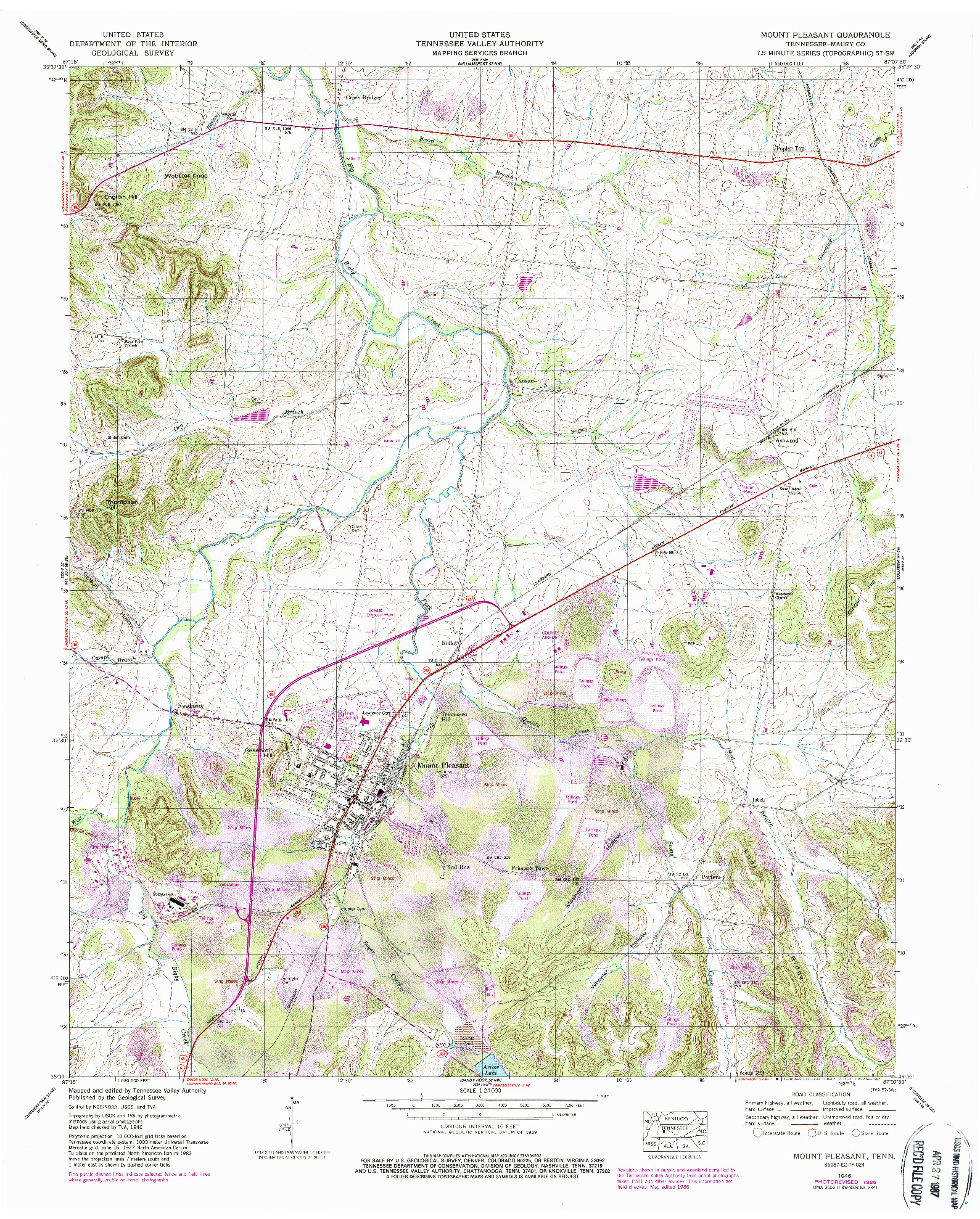 USGS 1:24000-SCALE QUADRANGLE FOR MOUNT PLEASANT, TN 1946