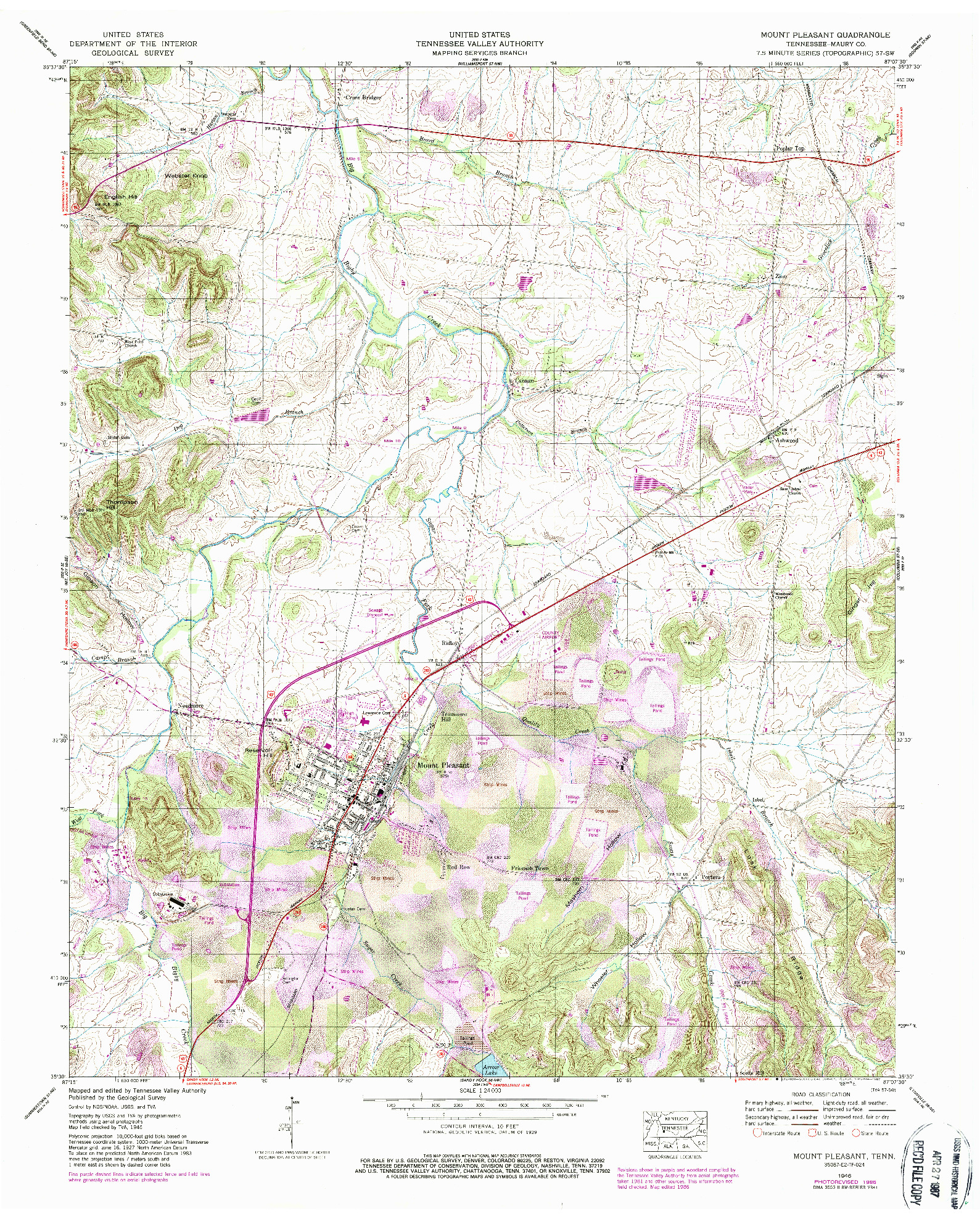 USGS 1:24000-SCALE QUADRANGLE FOR MOUNT PLEASANT, TN 1946
