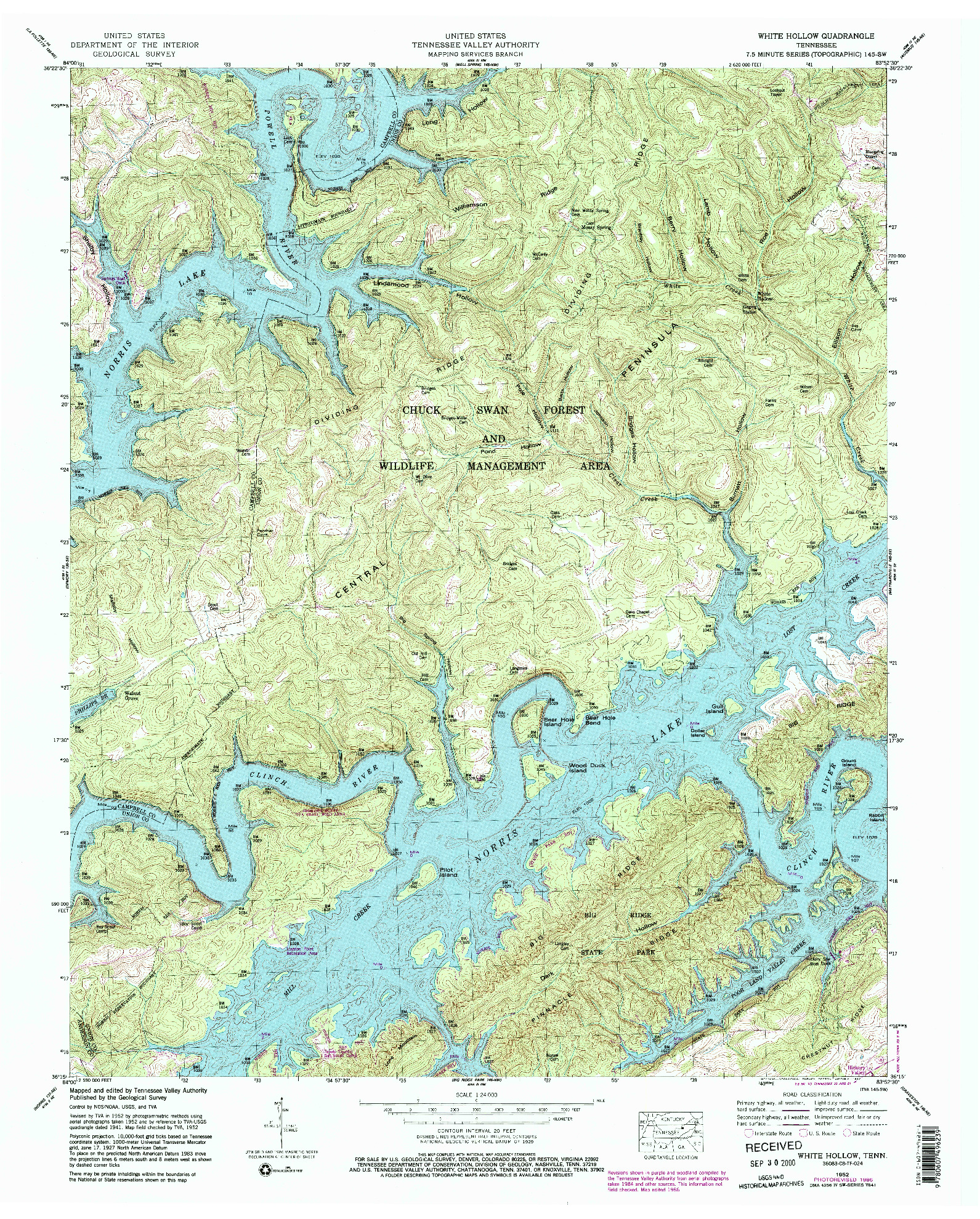 USGS 1:24000-SCALE QUADRANGLE FOR WHITE HOLLOW, TN 1952