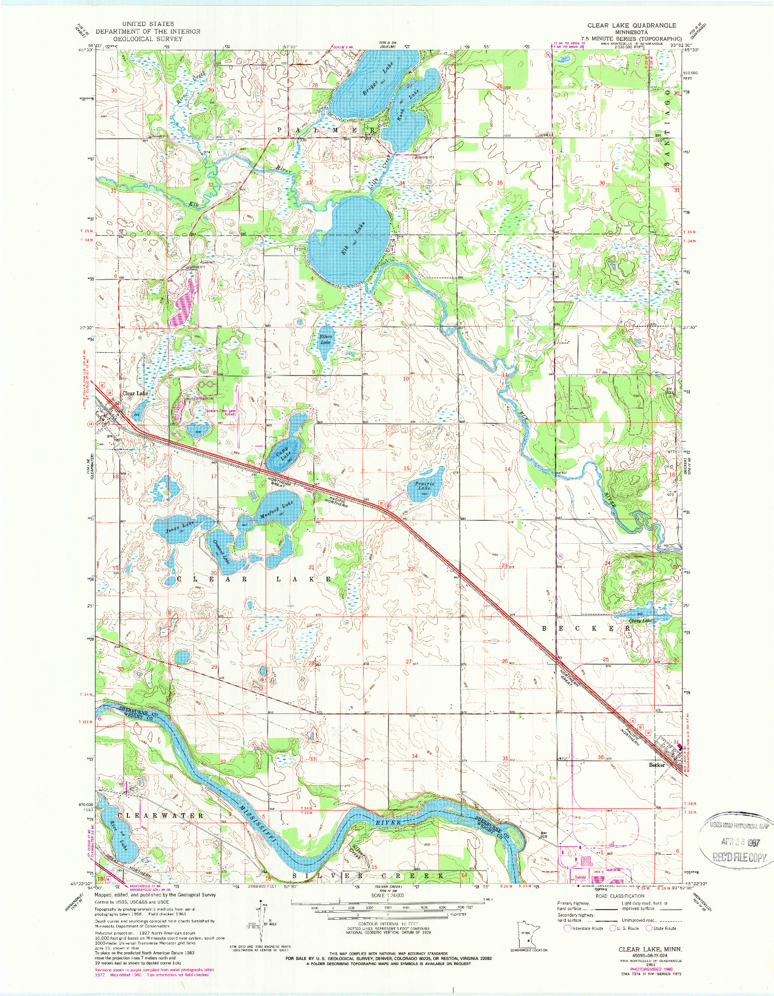 USGS 1:24000-SCALE QUADRANGLE FOR CLEAR LAKE, MN 1961