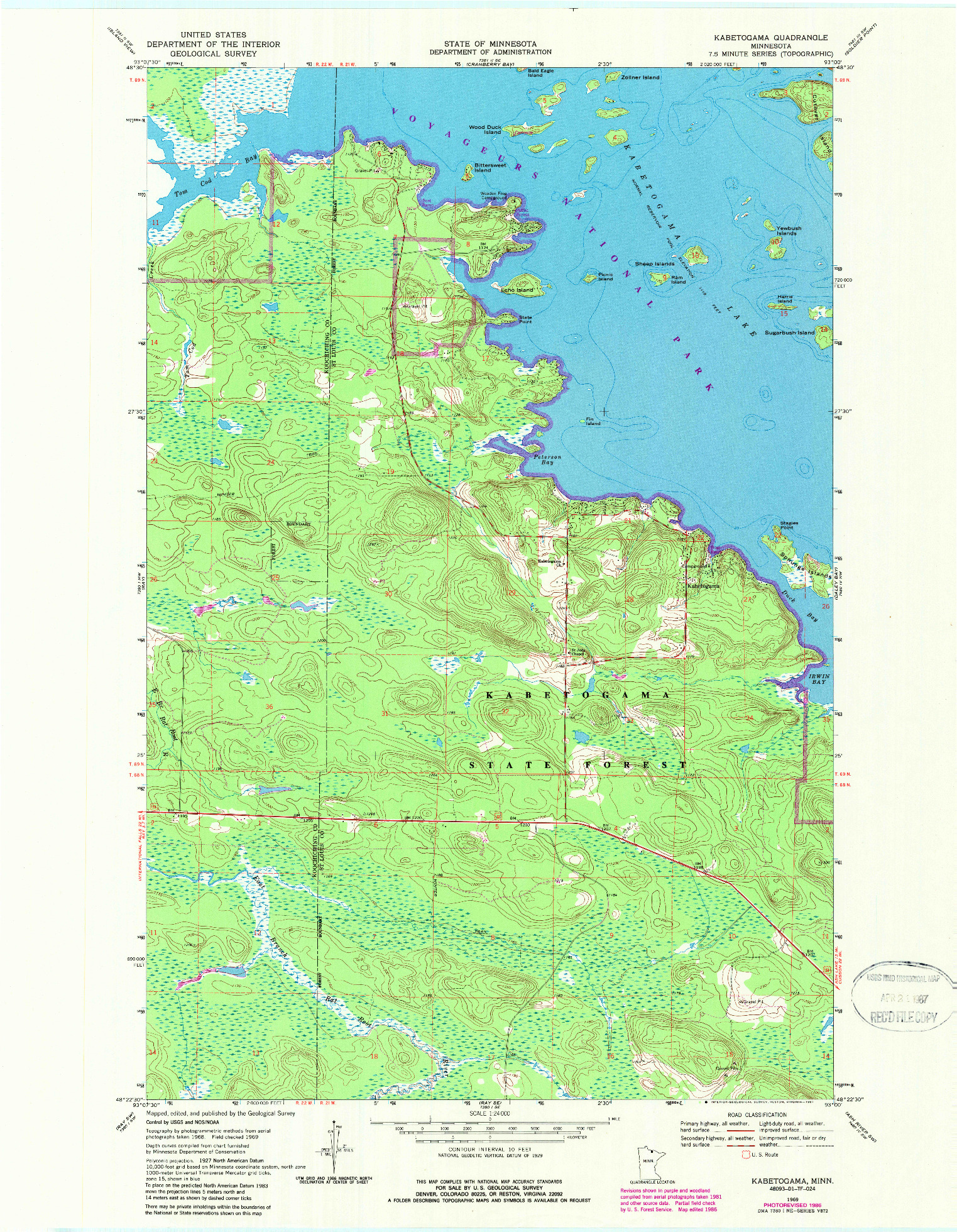 USGS 1:24000-SCALE QUADRANGLE FOR KABETOGAMA, MN 1969