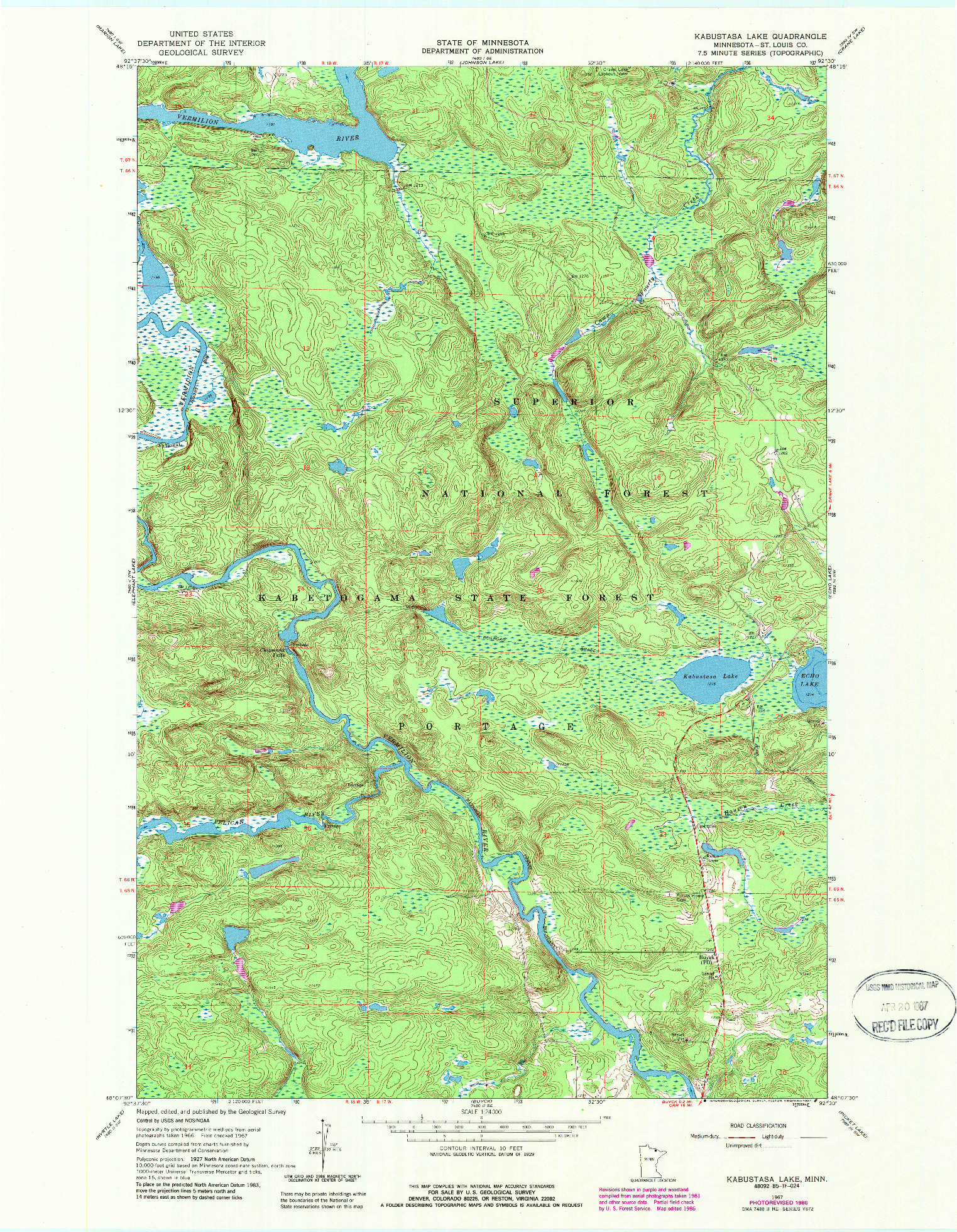 USGS 1:24000-SCALE QUADRANGLE FOR KABUSTASA LAKE, MN 1967