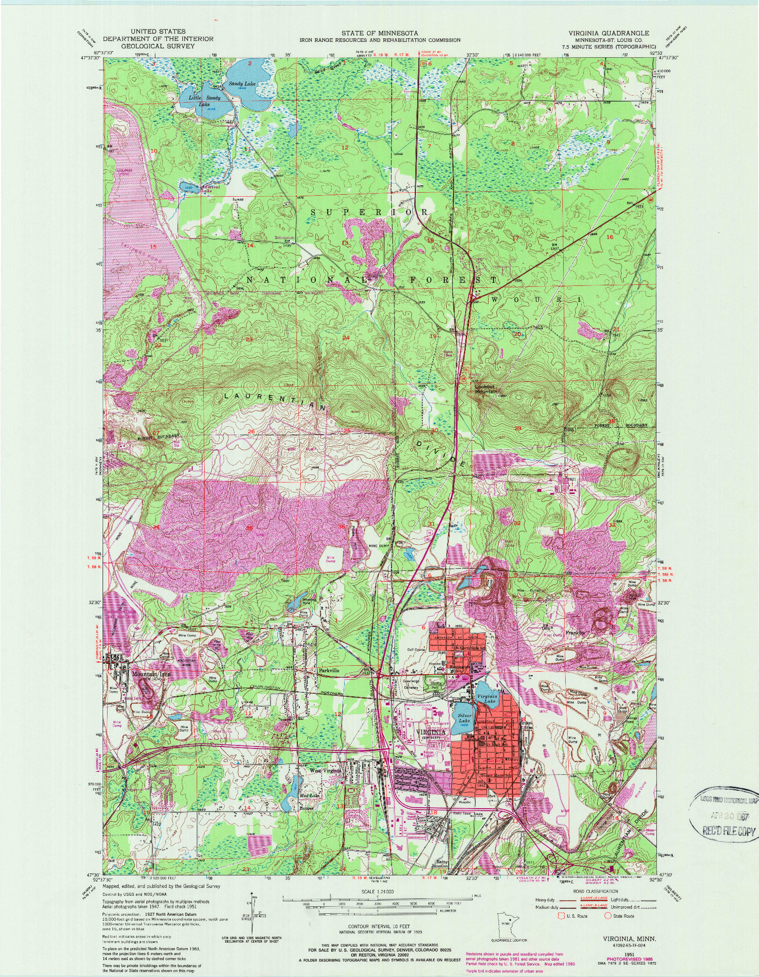 USGS 1:24000-SCALE QUADRANGLE FOR VIRGINIA, MN 1951