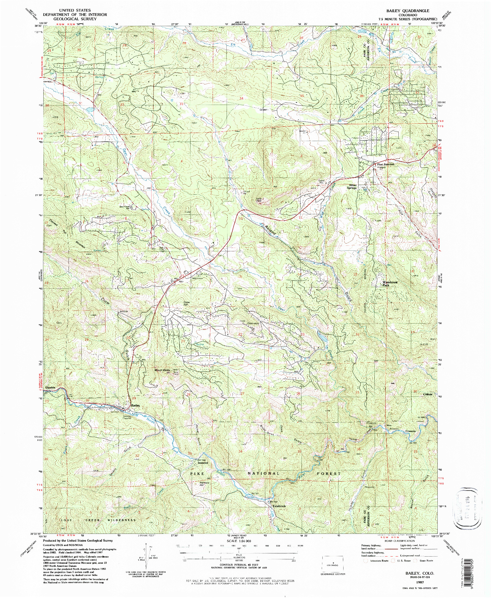 USGS 1:24000-SCALE QUADRANGLE FOR BAILEY, CO 1987