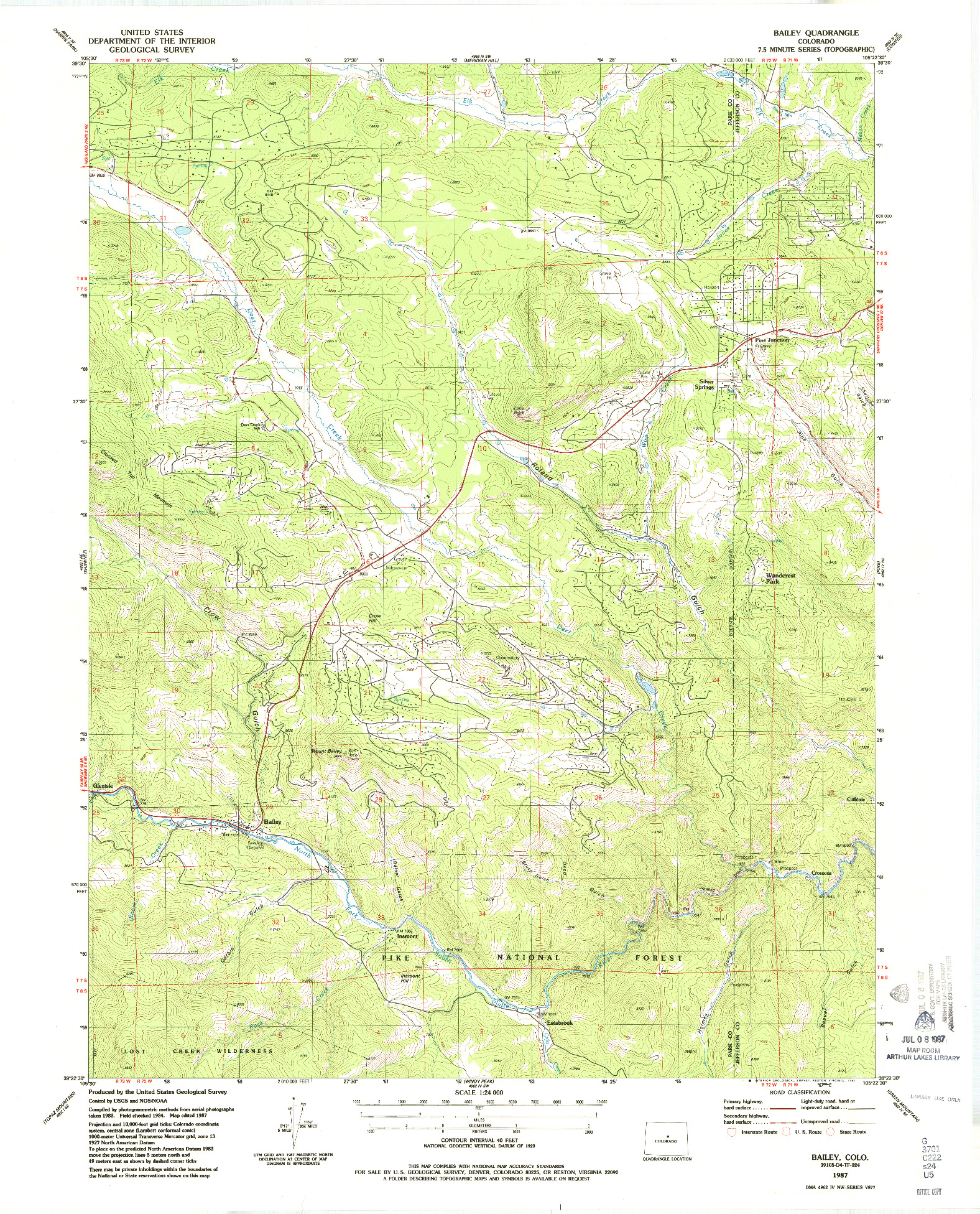 USGS 1:24000-SCALE QUADRANGLE FOR BAILEY, CO 1987