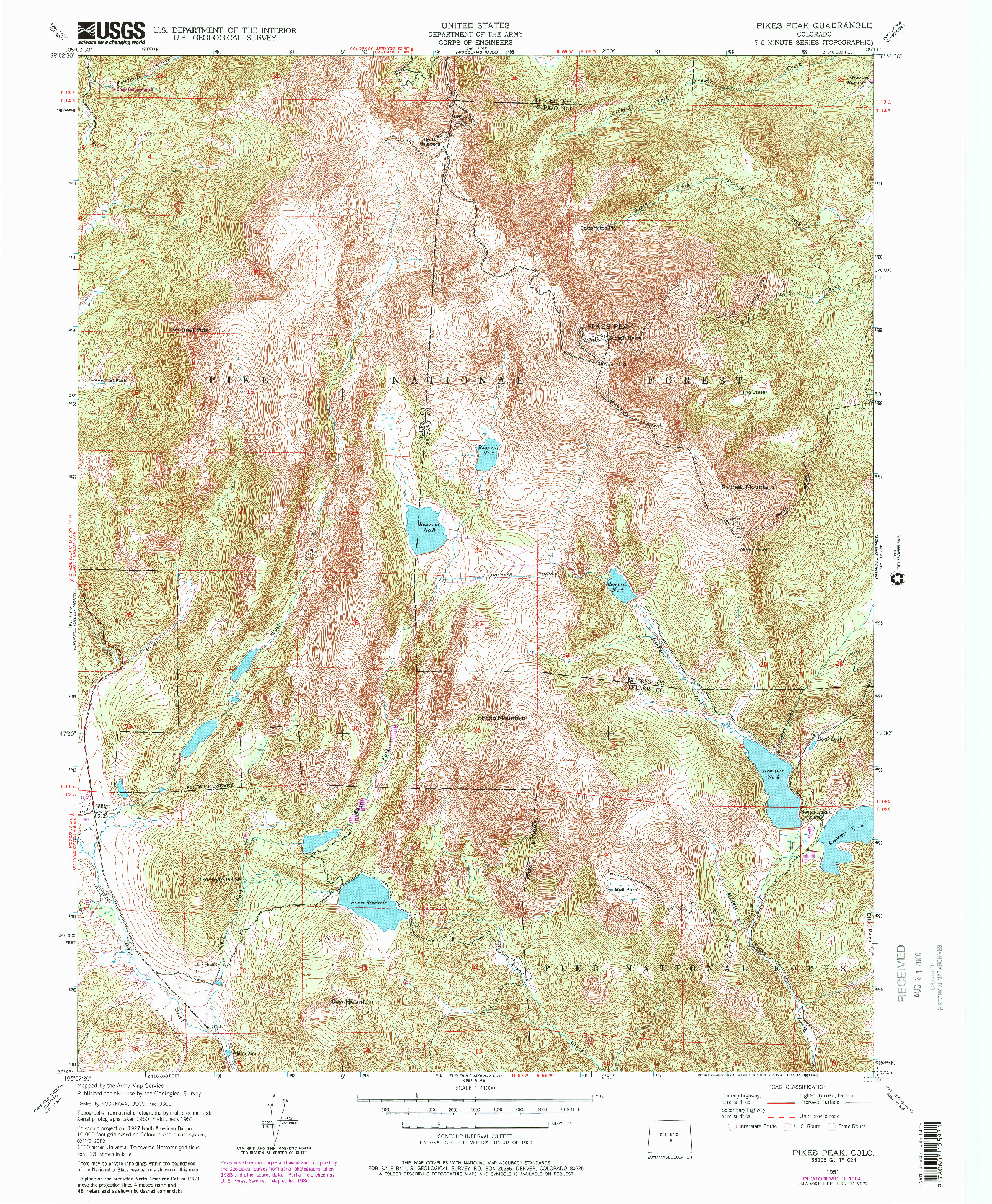 USGS 1:24000-SCALE QUADRANGLE FOR PIKES PEAK, CO 1951