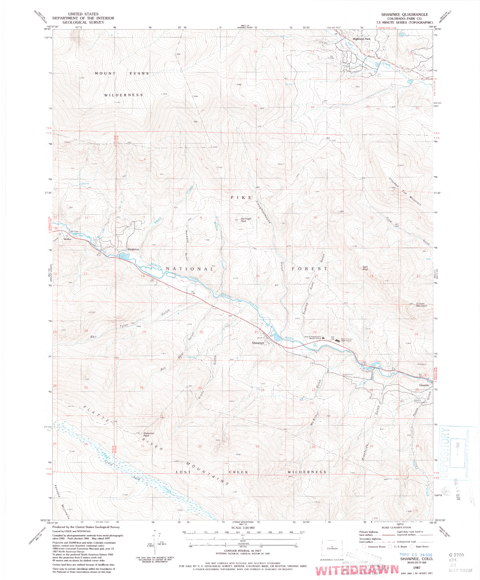 USGS 1:24000-SCALE QUADRANGLE FOR SHAWNEE, CO 1987