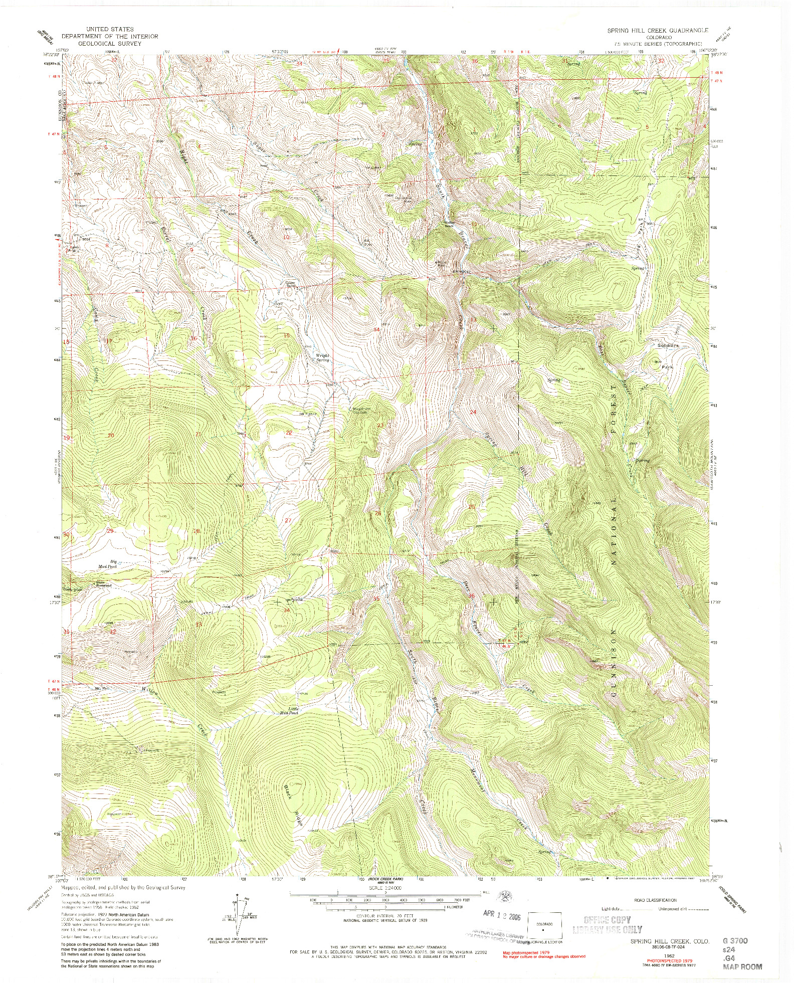 USGS 1:24000-SCALE QUADRANGLE FOR SPRING HILL CREEK, CO 1962