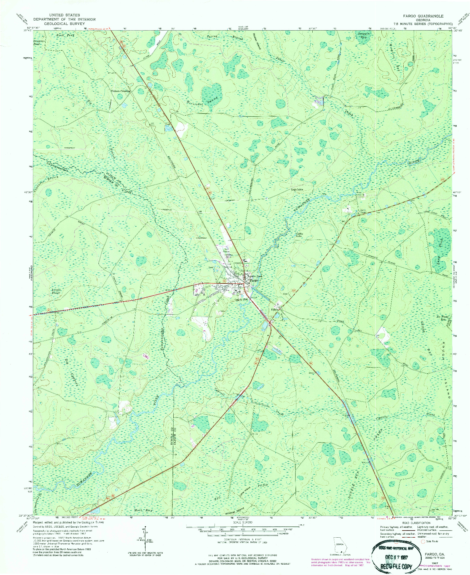 USGS 1:24000-SCALE QUADRANGLE FOR FARGO, GA 1967