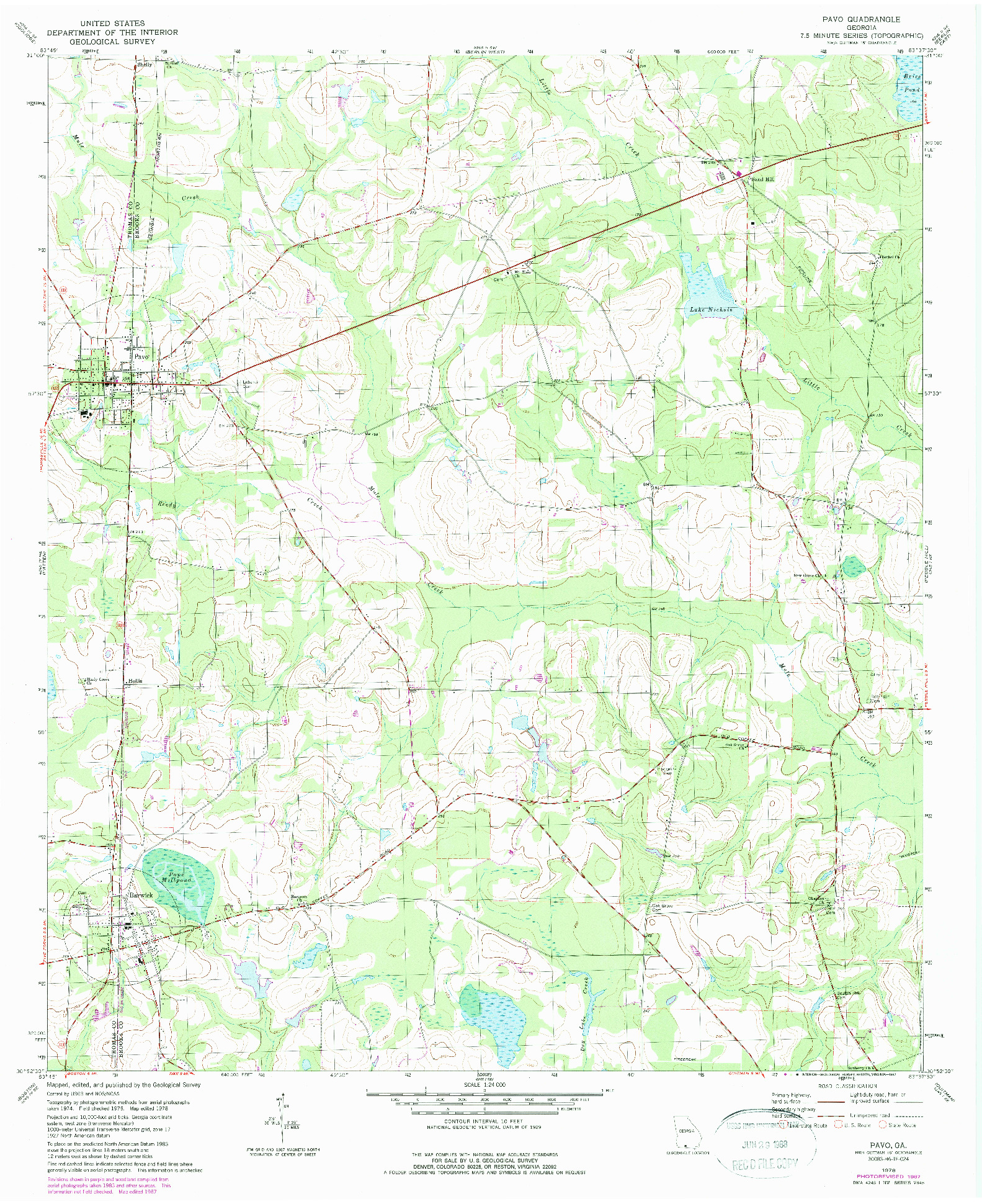 USGS 1:24000-SCALE QUADRANGLE FOR PAVO, GA 1978