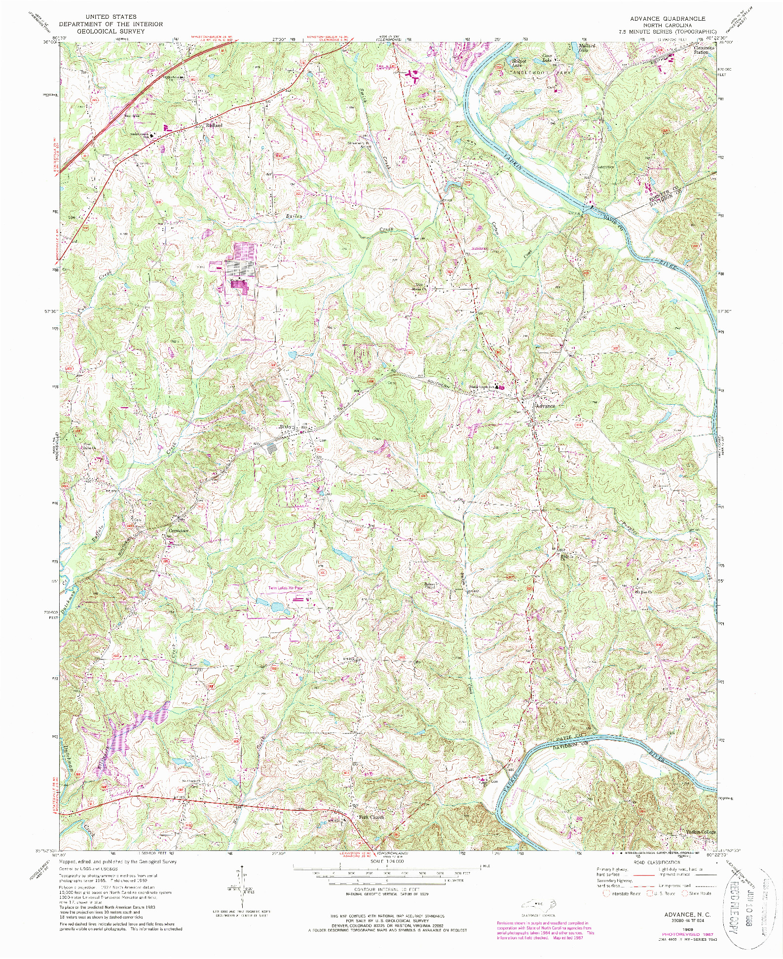 USGS 1:24000-SCALE QUADRANGLE FOR ADVANCE, NC 1969