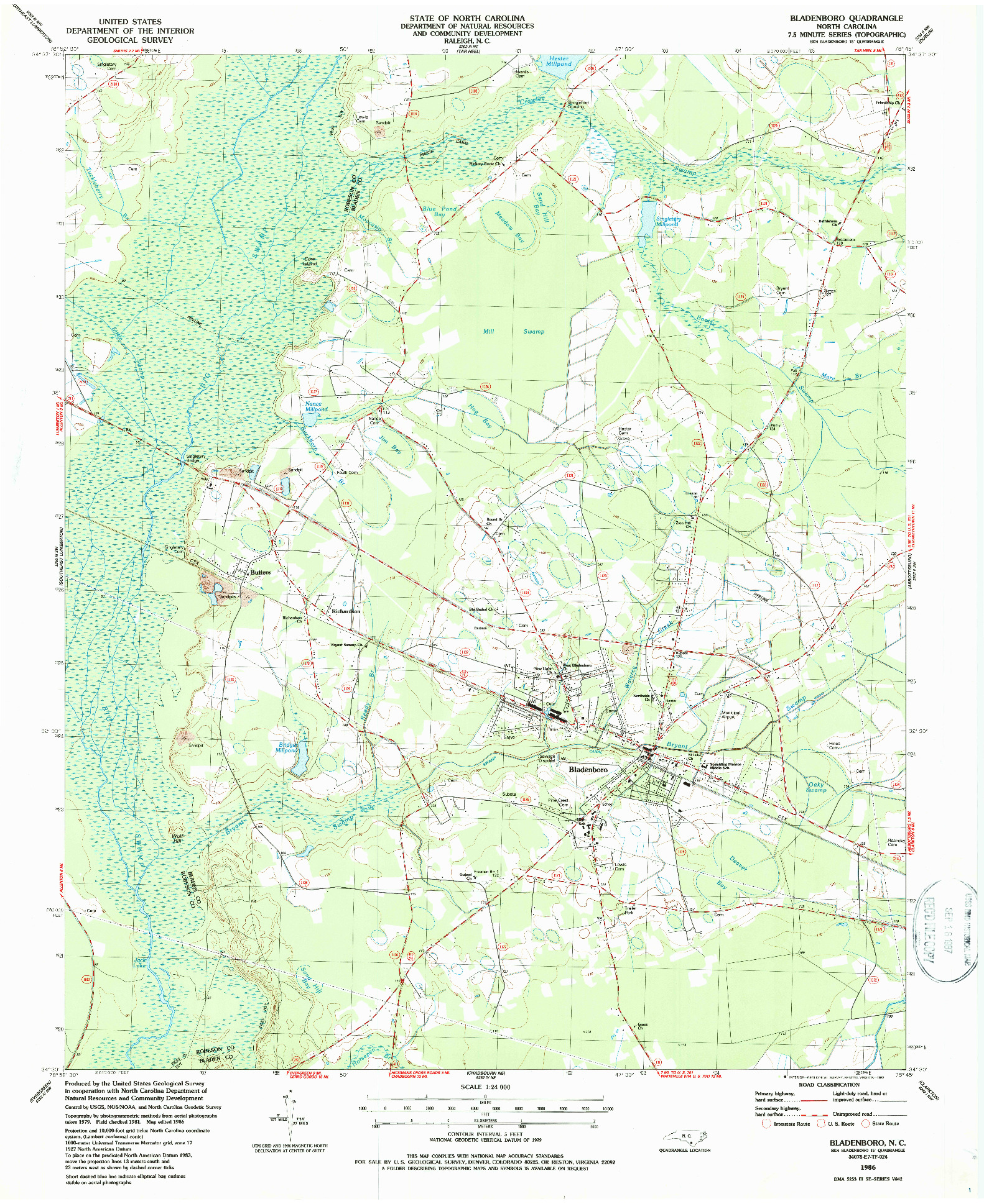 USGS 1:24000-SCALE QUADRANGLE FOR BLADENBORO, NC 1986