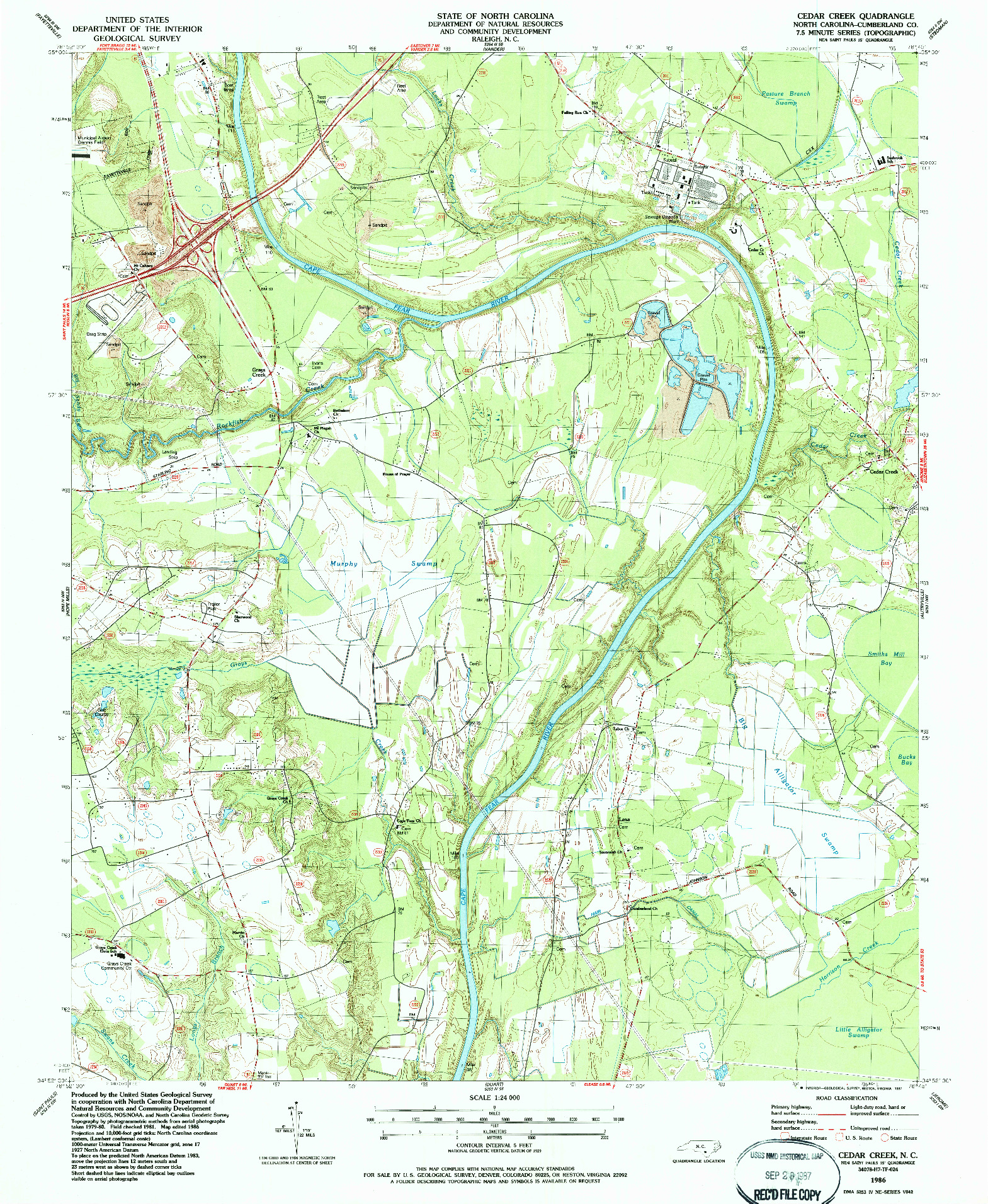 USGS 1:24000-SCALE QUADRANGLE FOR CEDAR CREEK, NC 1986