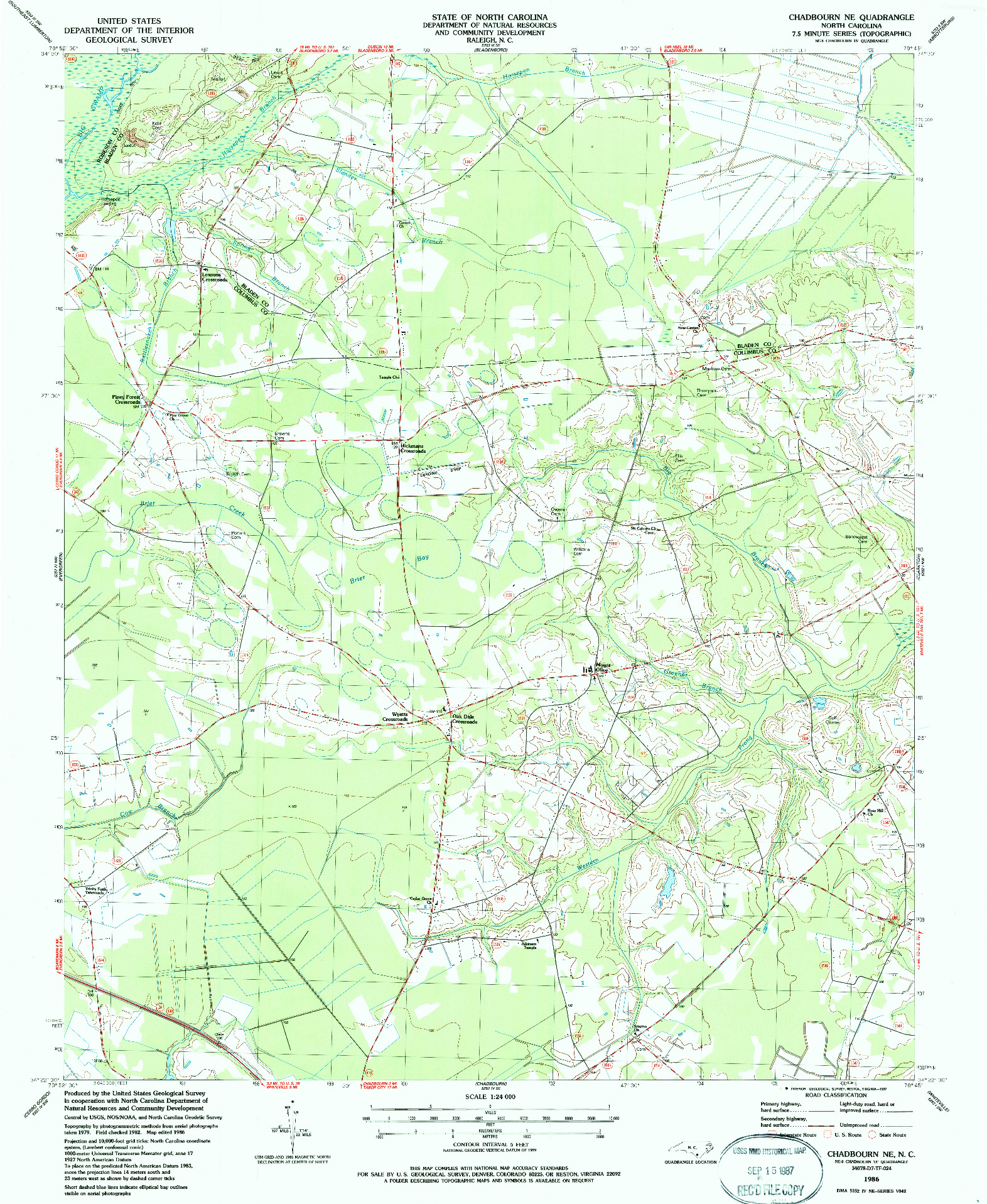 USGS 1:24000-SCALE QUADRANGLE FOR CHADBOURN NE, NC 1986