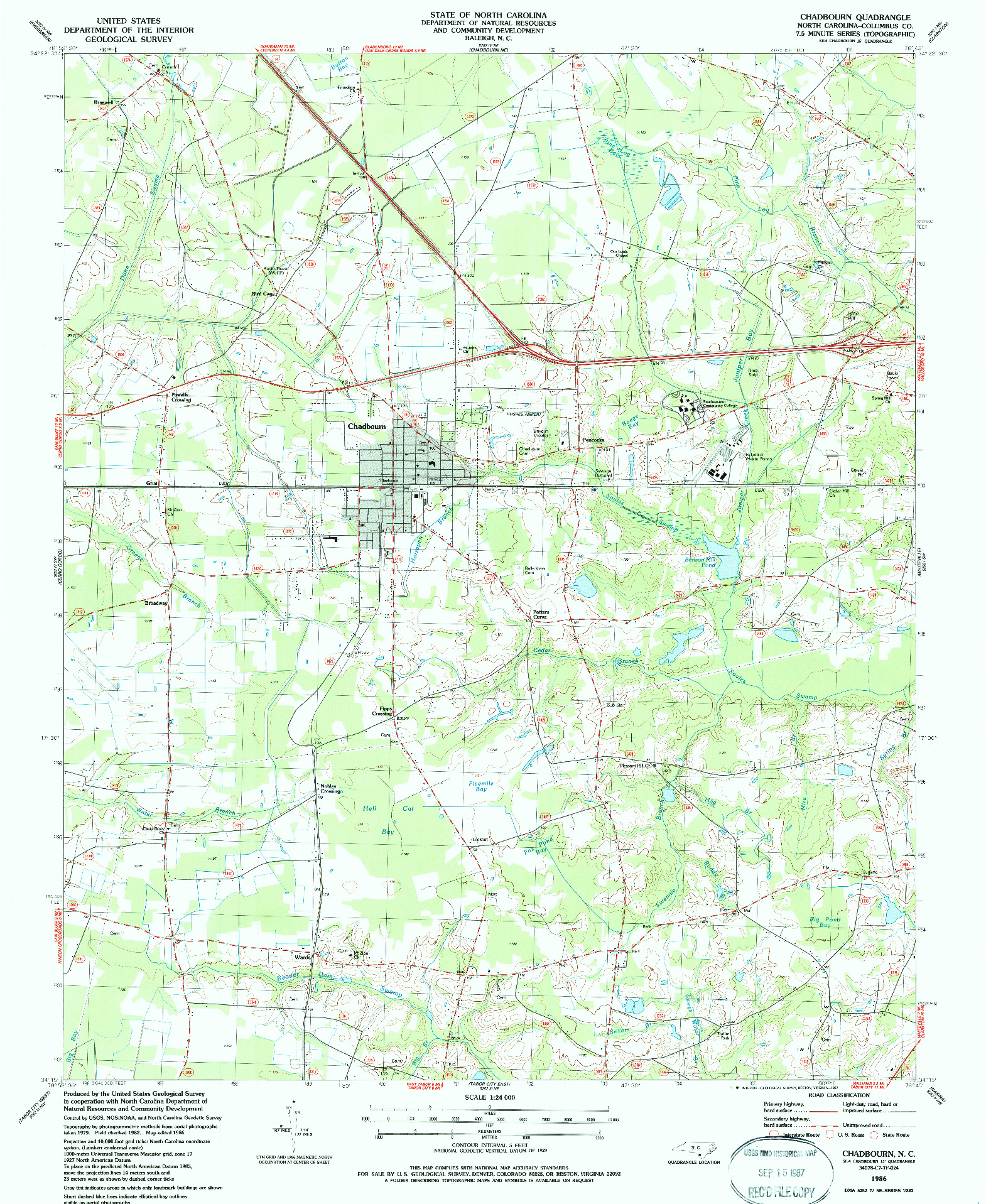 USGS 1:24000-SCALE QUADRANGLE FOR CHADBOURN, NC 1986