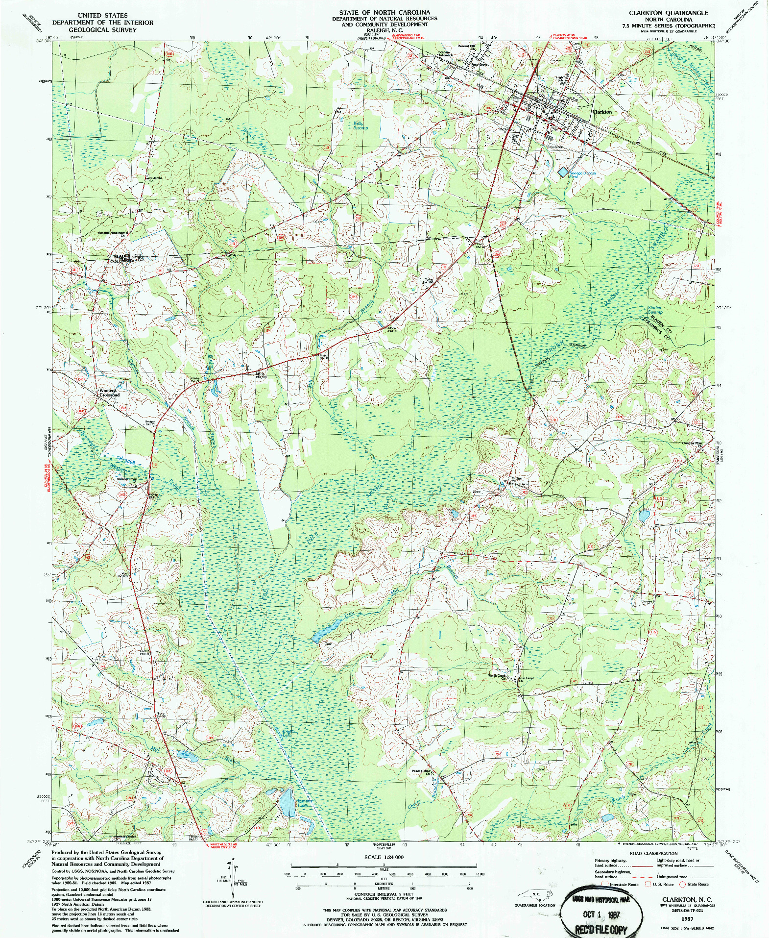 USGS 1:24000-SCALE QUADRANGLE FOR CLARKTON, NC 1987