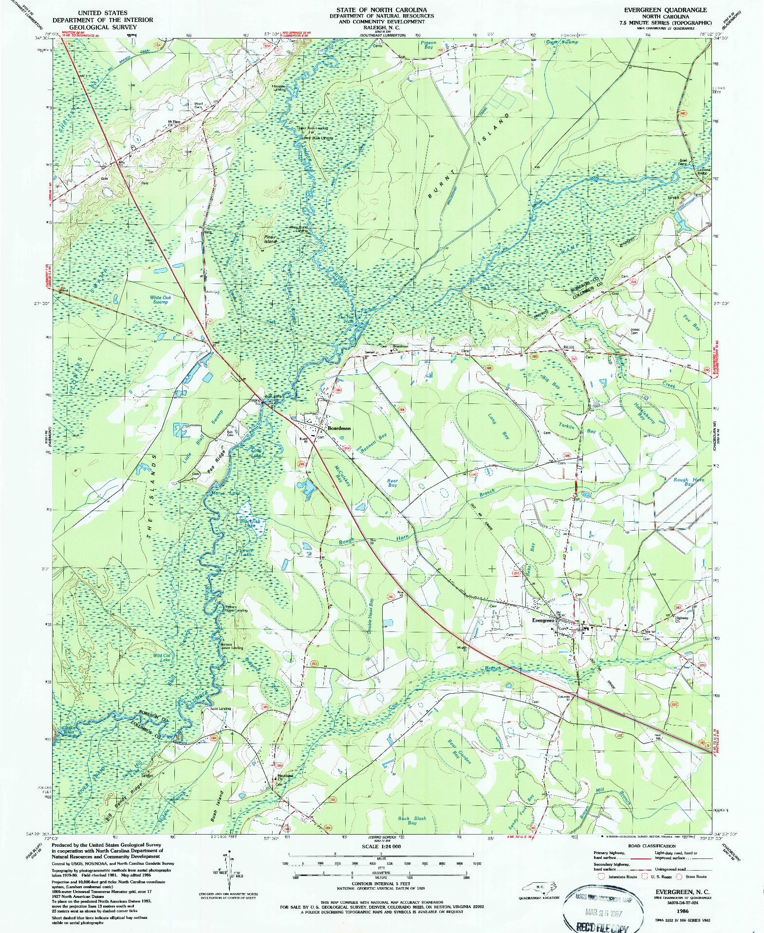 USGS 1:24000-SCALE QUADRANGLE FOR EVERGREEN, NC 1986