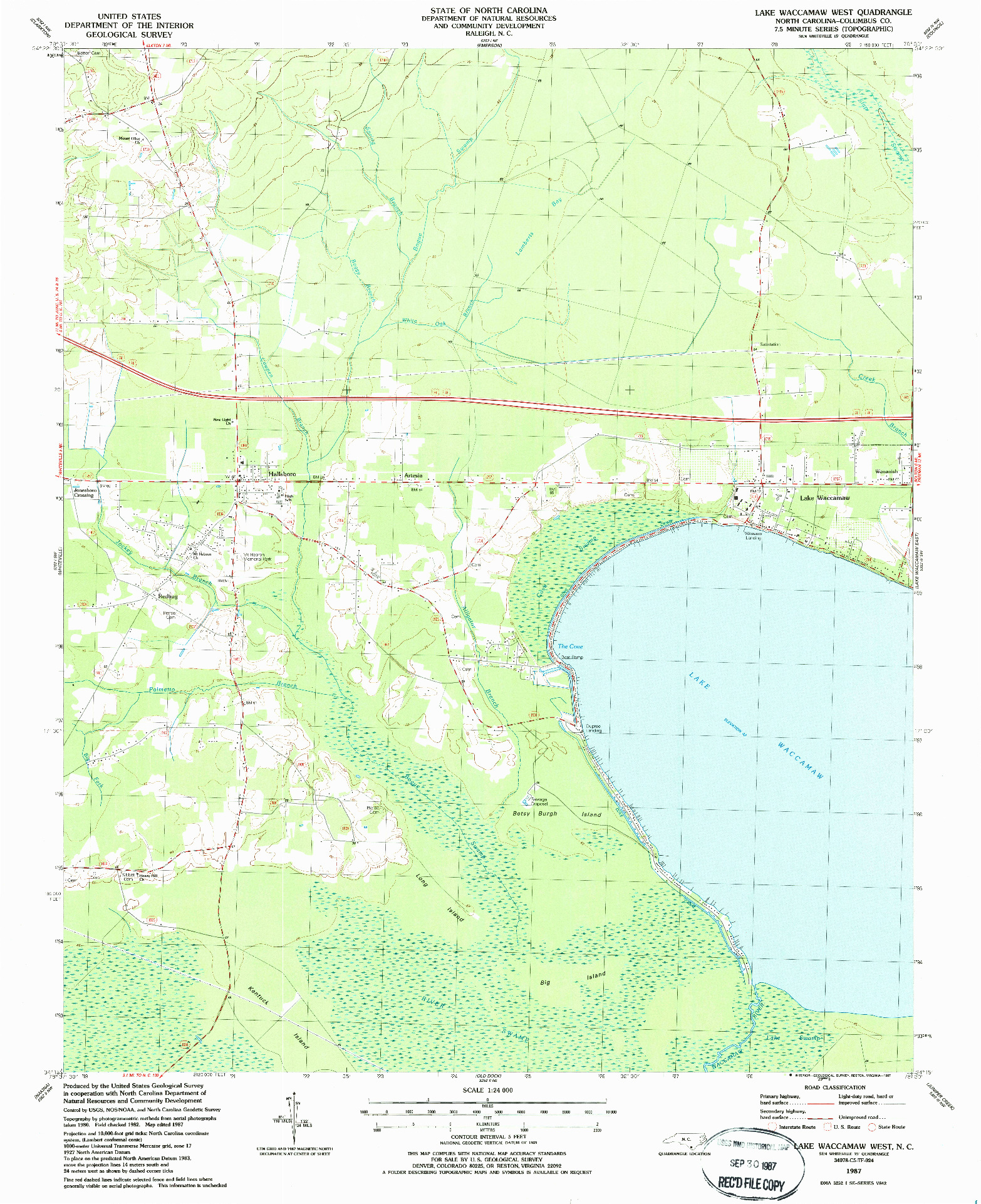 USGS 1:24000-SCALE QUADRANGLE FOR LAKE WACCAMAW WEST, NC 1987