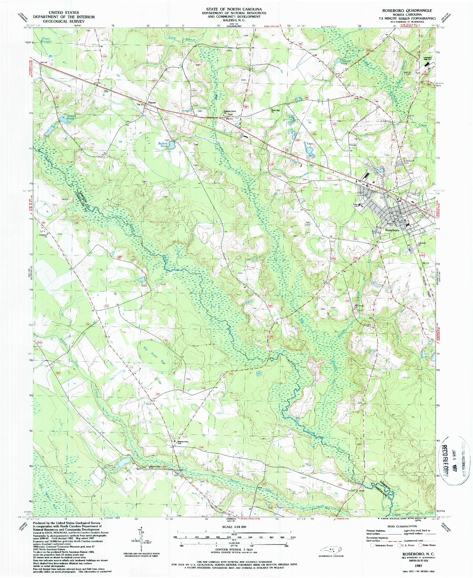 USGS 1:24000-SCALE QUADRANGLE FOR ROSEBORO, NC 1987