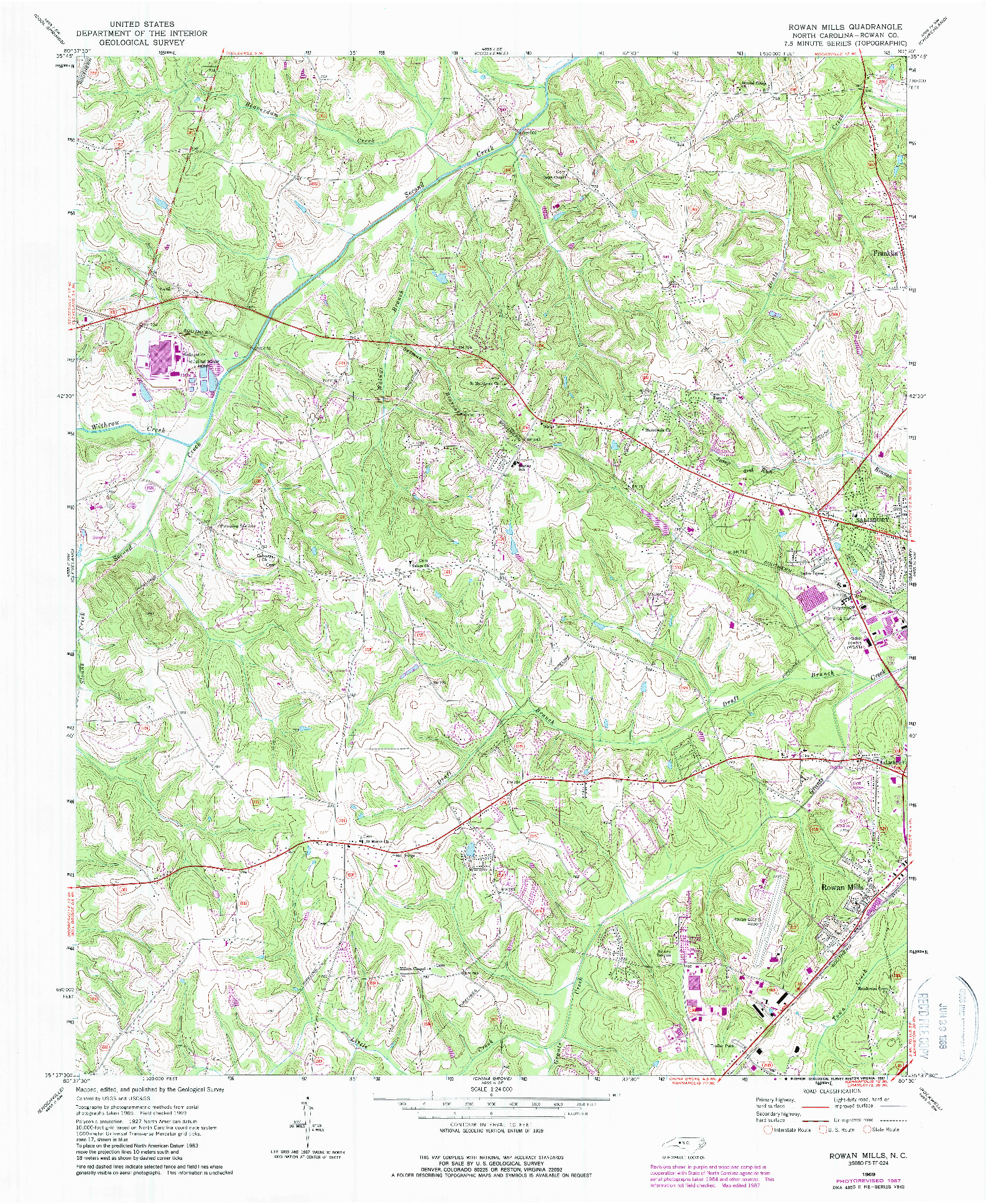 USGS 1:24000-SCALE QUADRANGLE FOR ROWAN MILLS, NC 1969