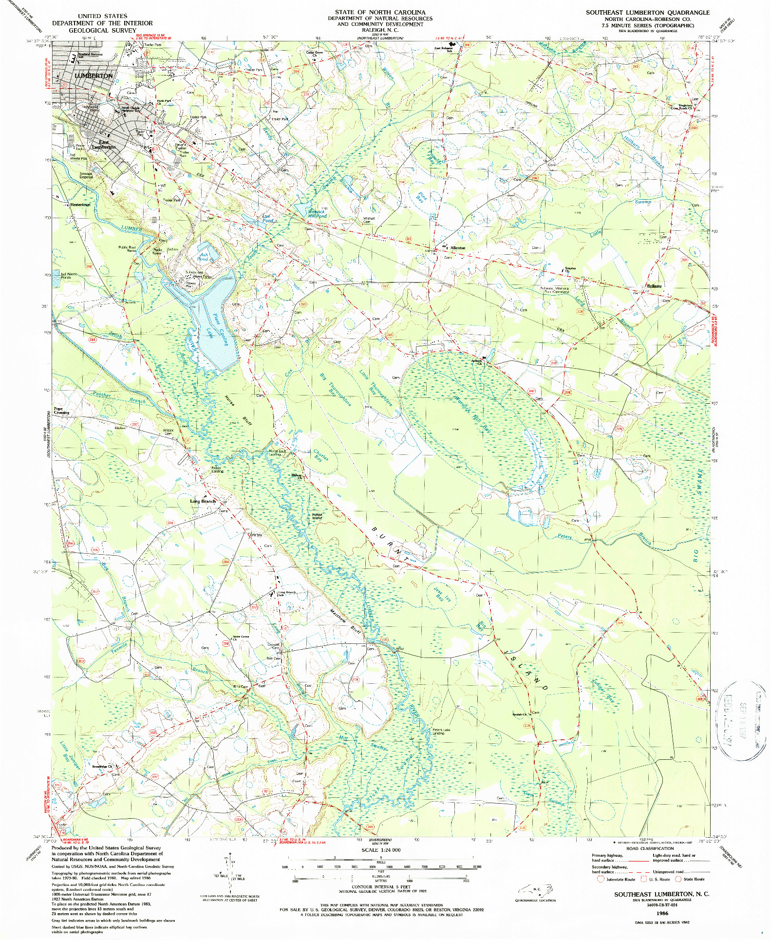 USGS 1:24000-SCALE QUADRANGLE FOR SOUTHEAST LUMBERTON, NC 1986