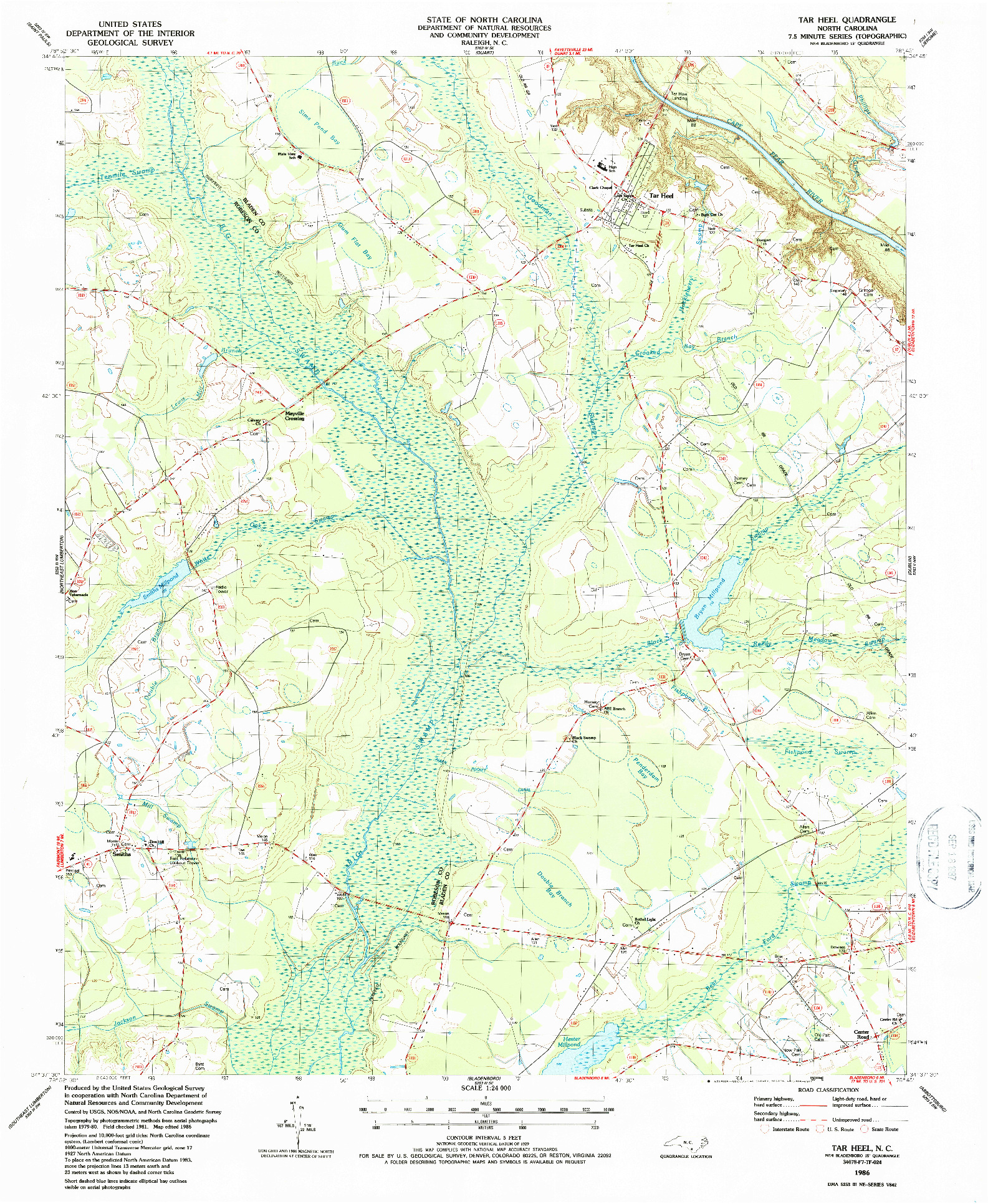 USGS 1:24000-SCALE QUADRANGLE FOR TAR HEEL, NC 1986
