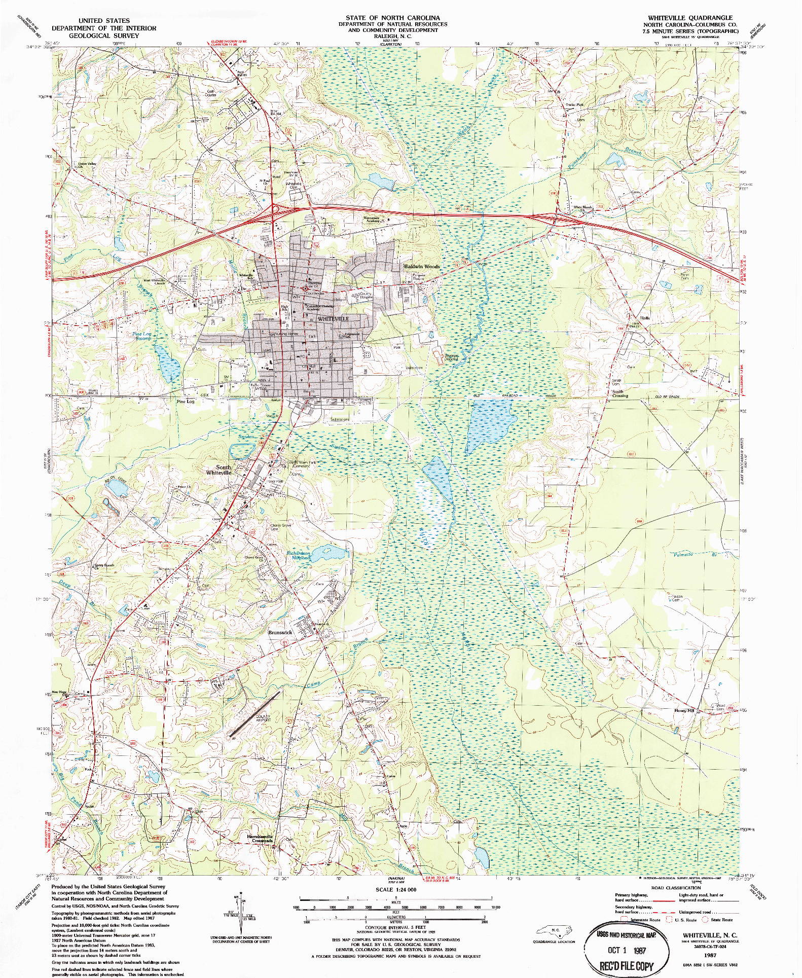 USGS 1:24000-SCALE QUADRANGLE FOR WHITEVILLE, NC 1987