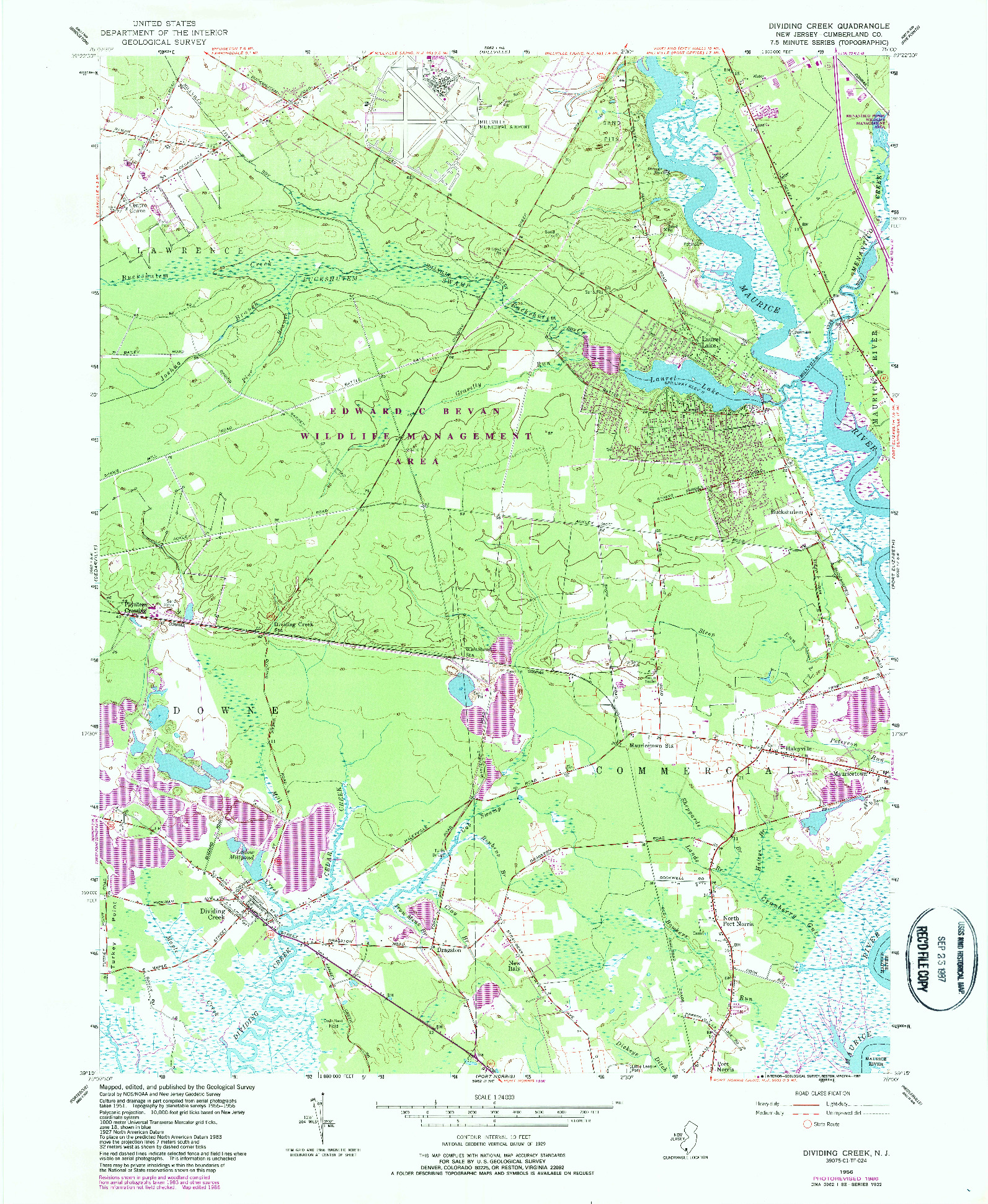 USGS 1:24000-SCALE QUADRANGLE FOR DIVIDING CREEK, NJ 1956