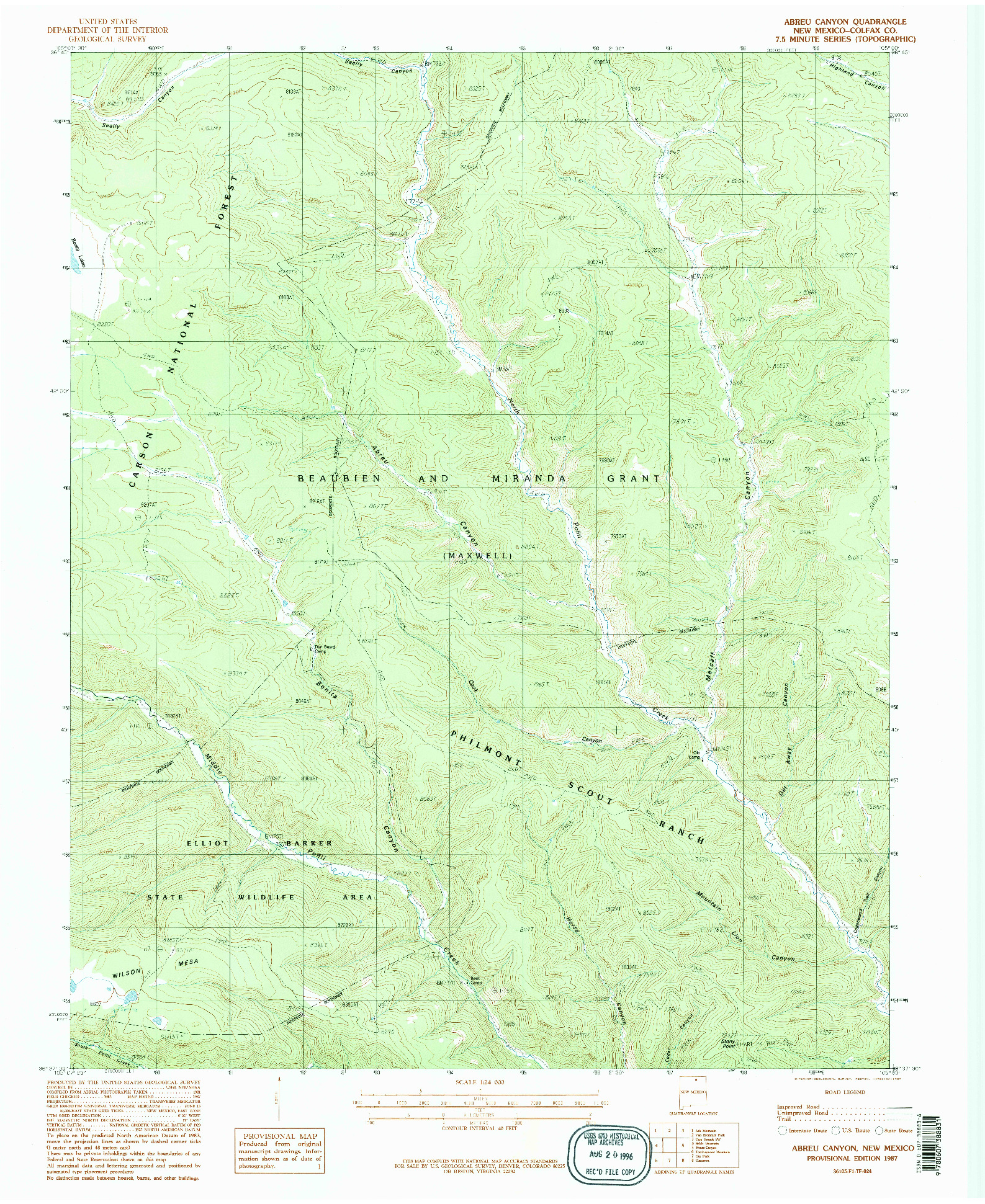 USGS 1:24000-SCALE QUADRANGLE FOR ABREU CANYON, NM 1987