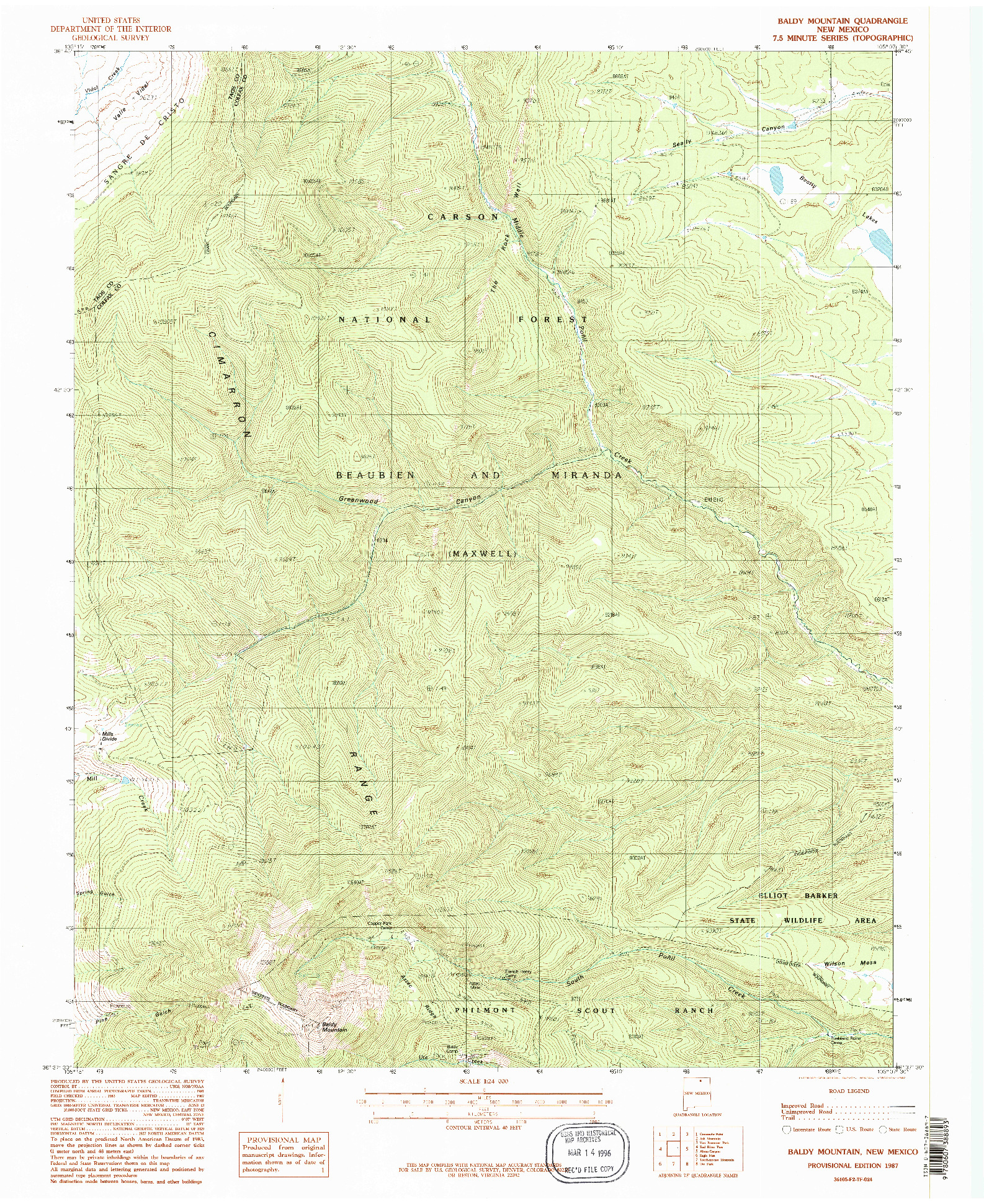 USGS 1:24000-SCALE QUADRANGLE FOR BALDY MOUNTAIN, NM 1987