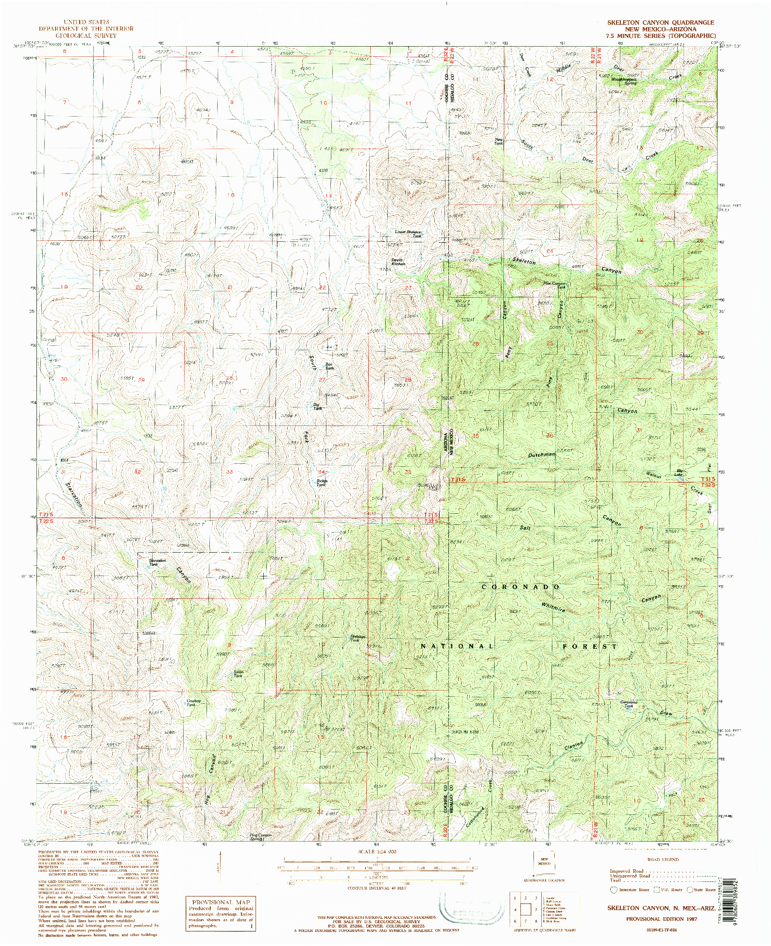 USGS 1:24000-SCALE QUADRANGLE FOR SKELETON CANYON, NM 1987