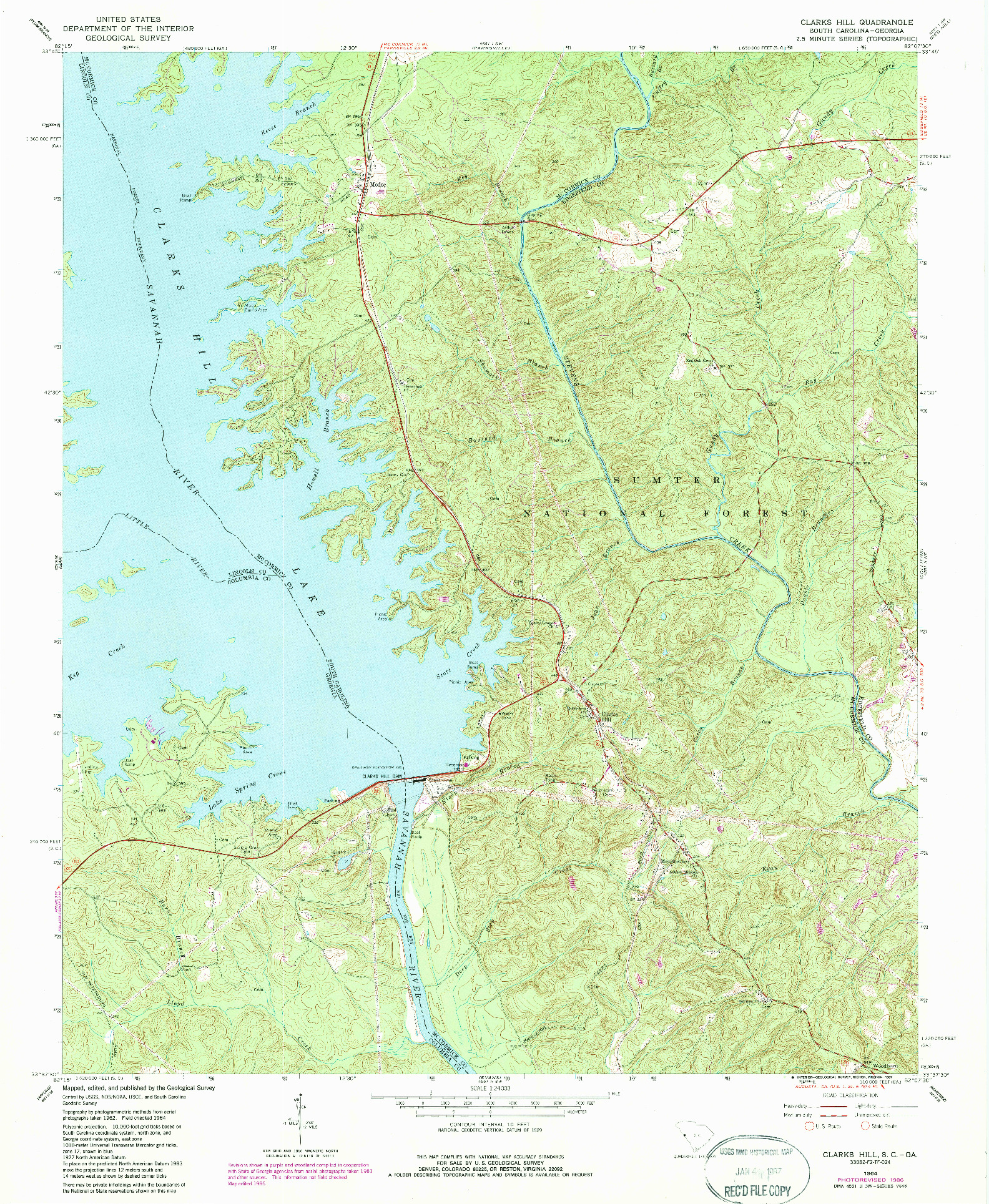 USGS 1:24000-SCALE QUADRANGLE FOR CLARKS HILL, SC 1964
