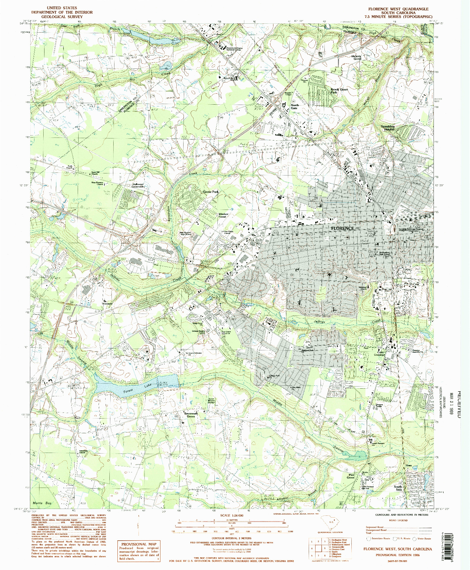 USGS 1:24000-SCALE QUADRANGLE FOR FLORENCE WEST, SC 1986